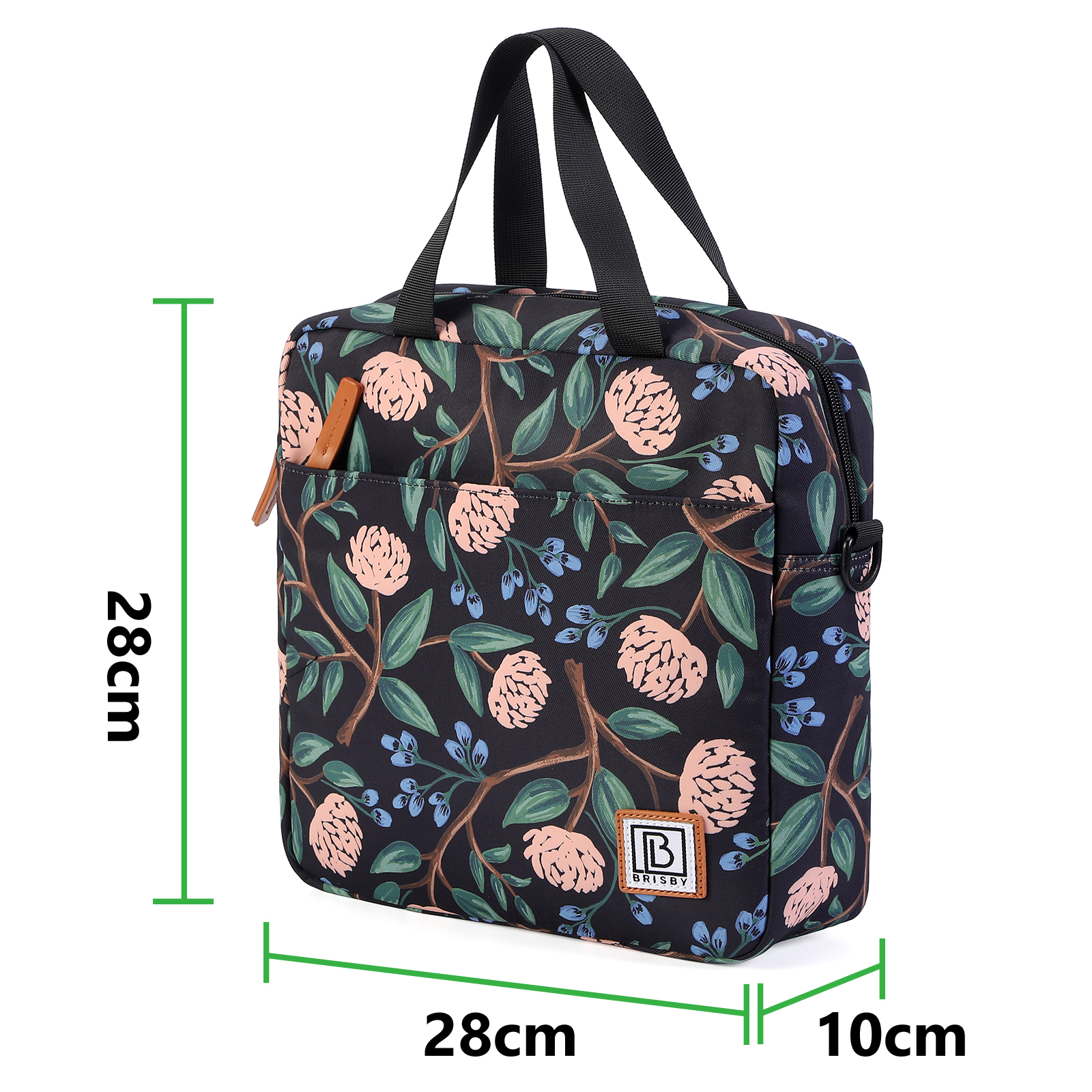 Zwarte tote bag met bloemenpatroon, roze bloemen, groene bladeren en afmetingen van 28cm x 28cm x 10cm.