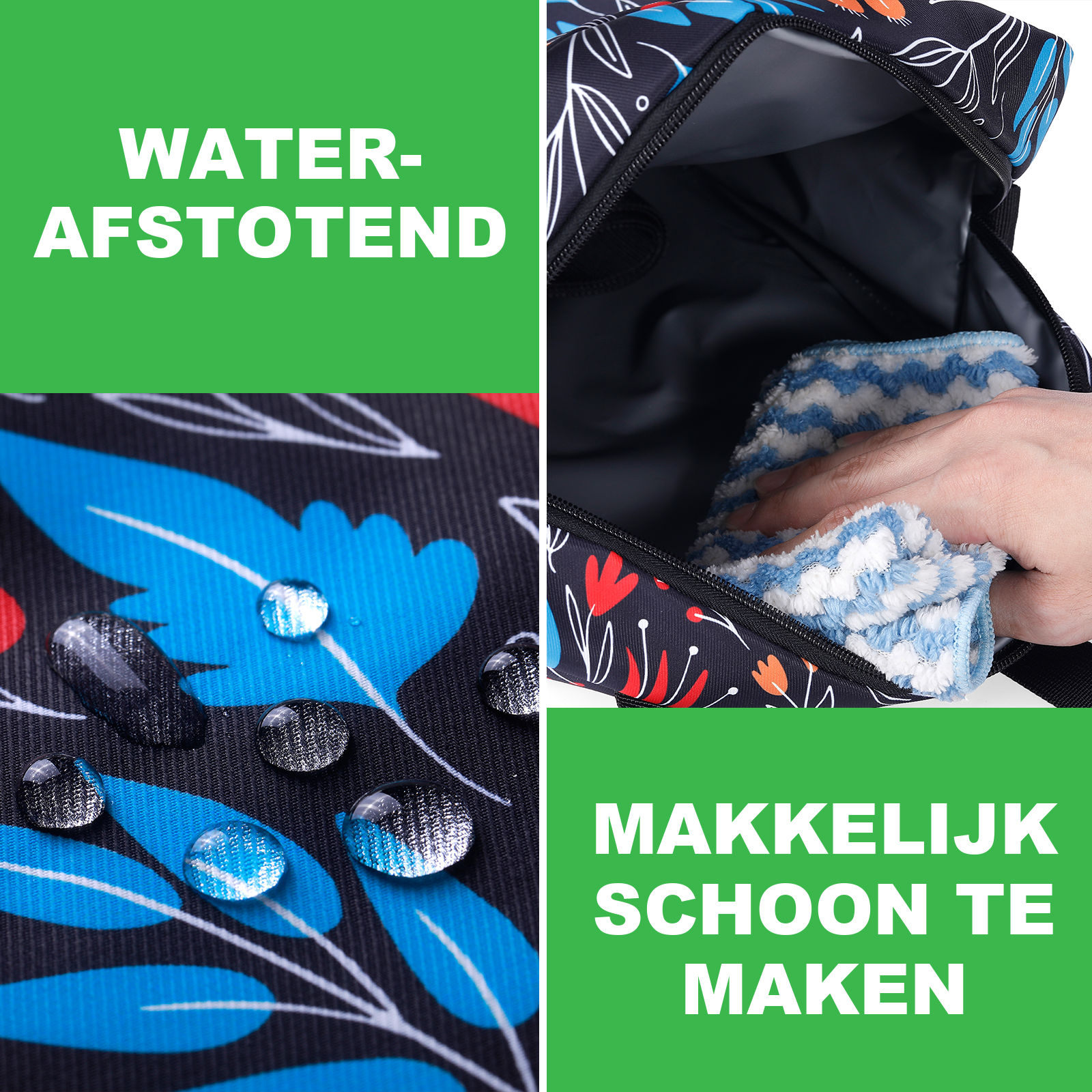 De afbeelding toont een tas met bloempatronen. Waterdruppels op de stof, een hand die de binnenkant van de tas schoonmaakt. Tekst: waterafstotend en gemakkelijk schoon te maken.