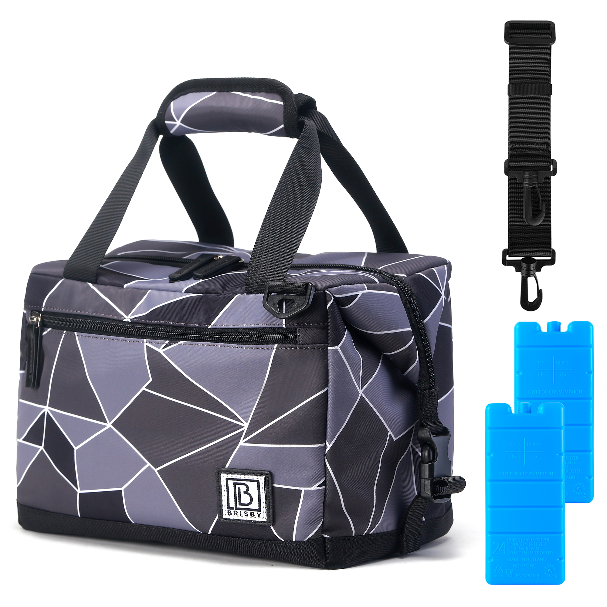 Een koeltas met geometrische patronen, een zwarte riem en twee blauwe koelelementen op een witte achtergrond.
