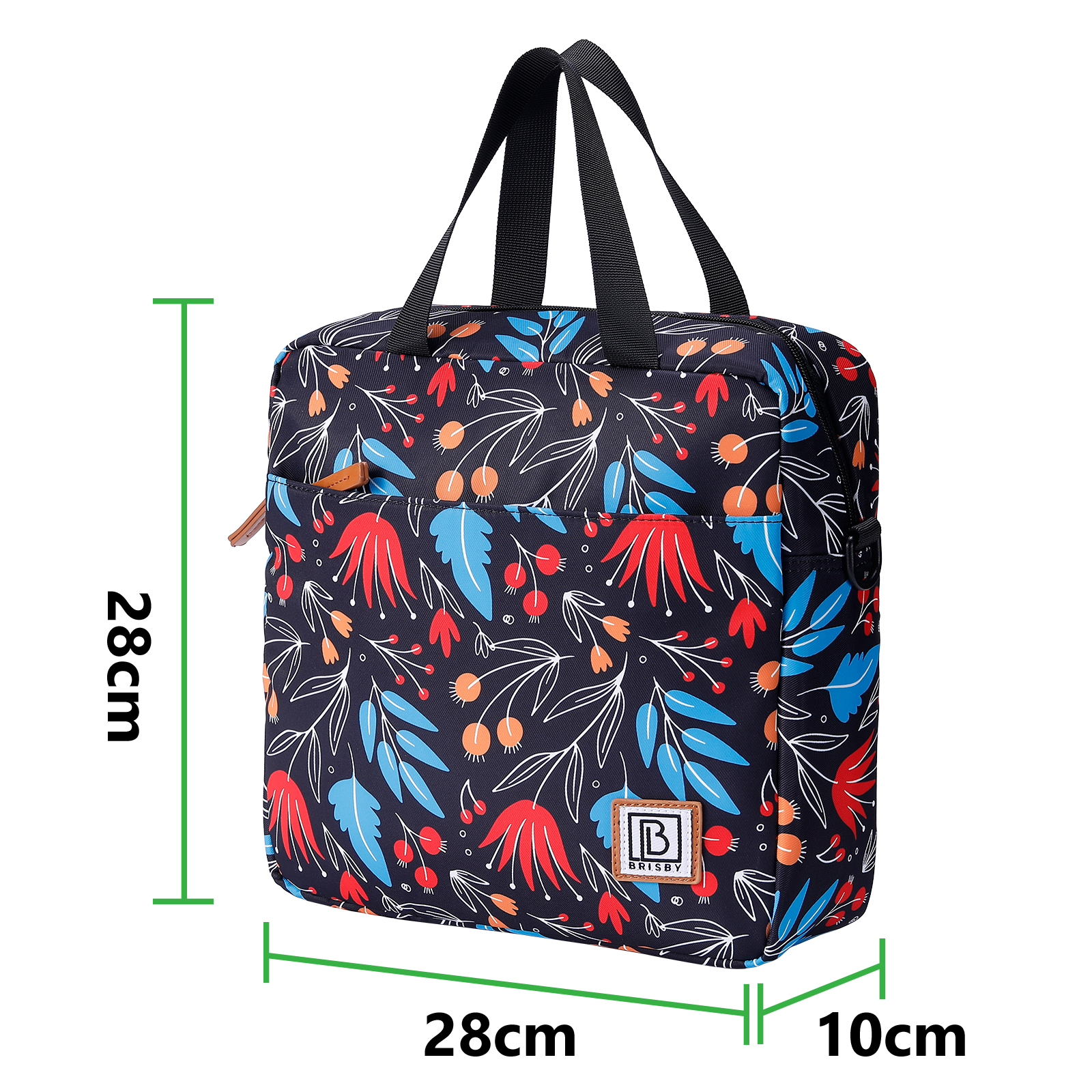 Bloemen draagtas met zwarte handvatten. Afmetingen zijn 28x28x10cm. Voorzien van blauwe, rode en oranje bloemen op zwarte achtergrond.