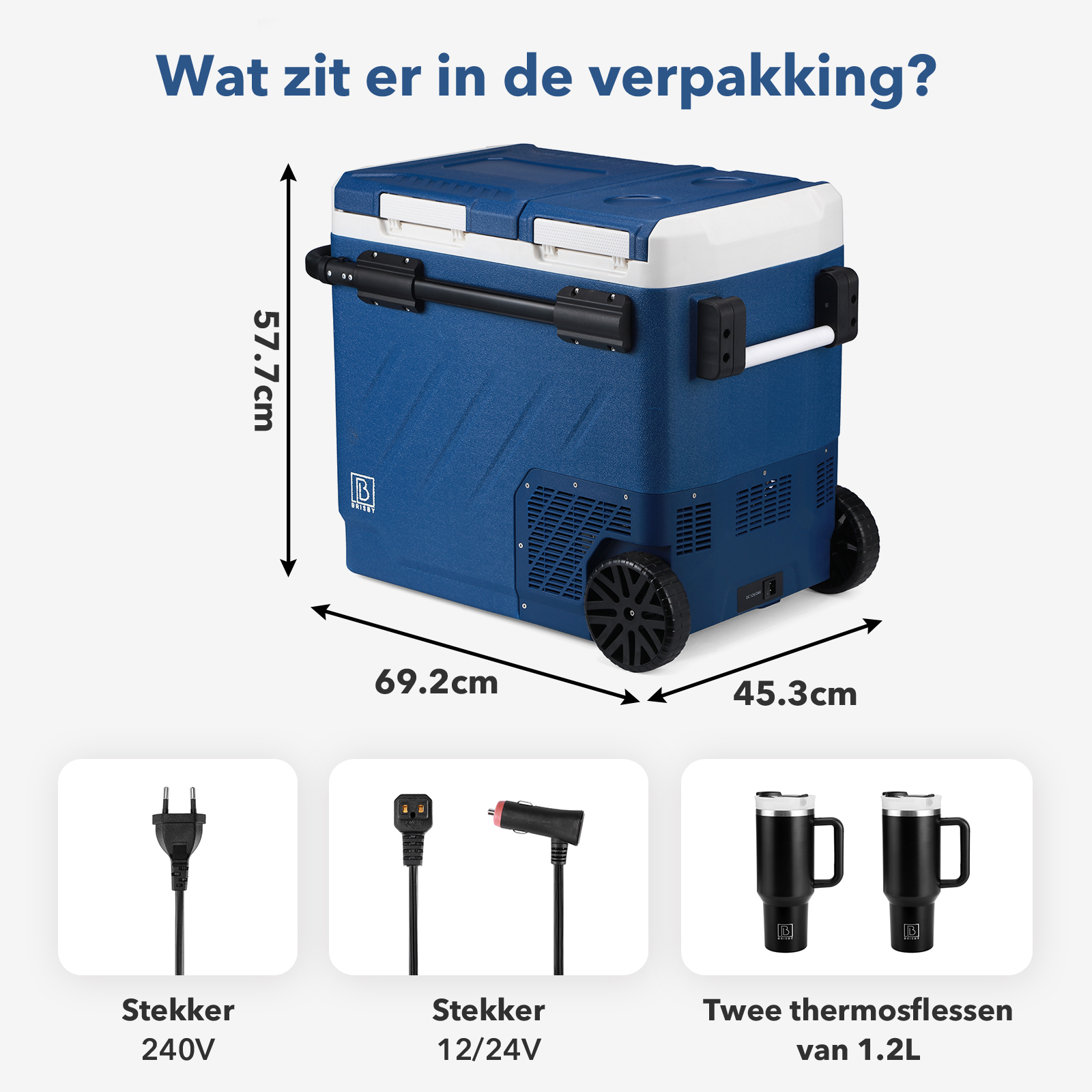 Een blauwe koeler met wielen, stekkers en twee zwarte thermosflessen. Afmetingen staan erop. Tekst: 'Wat zit er in de verpakking?'