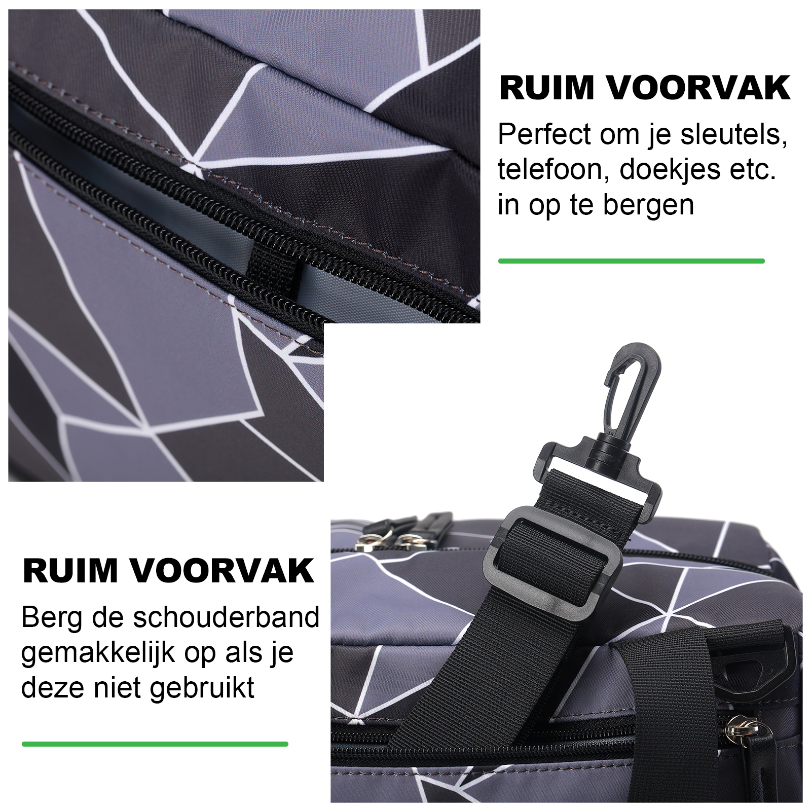 Tas met geometrisch patroon. Zwarte riem met sluiting. Ritsdetail. Nederlandse tekst.