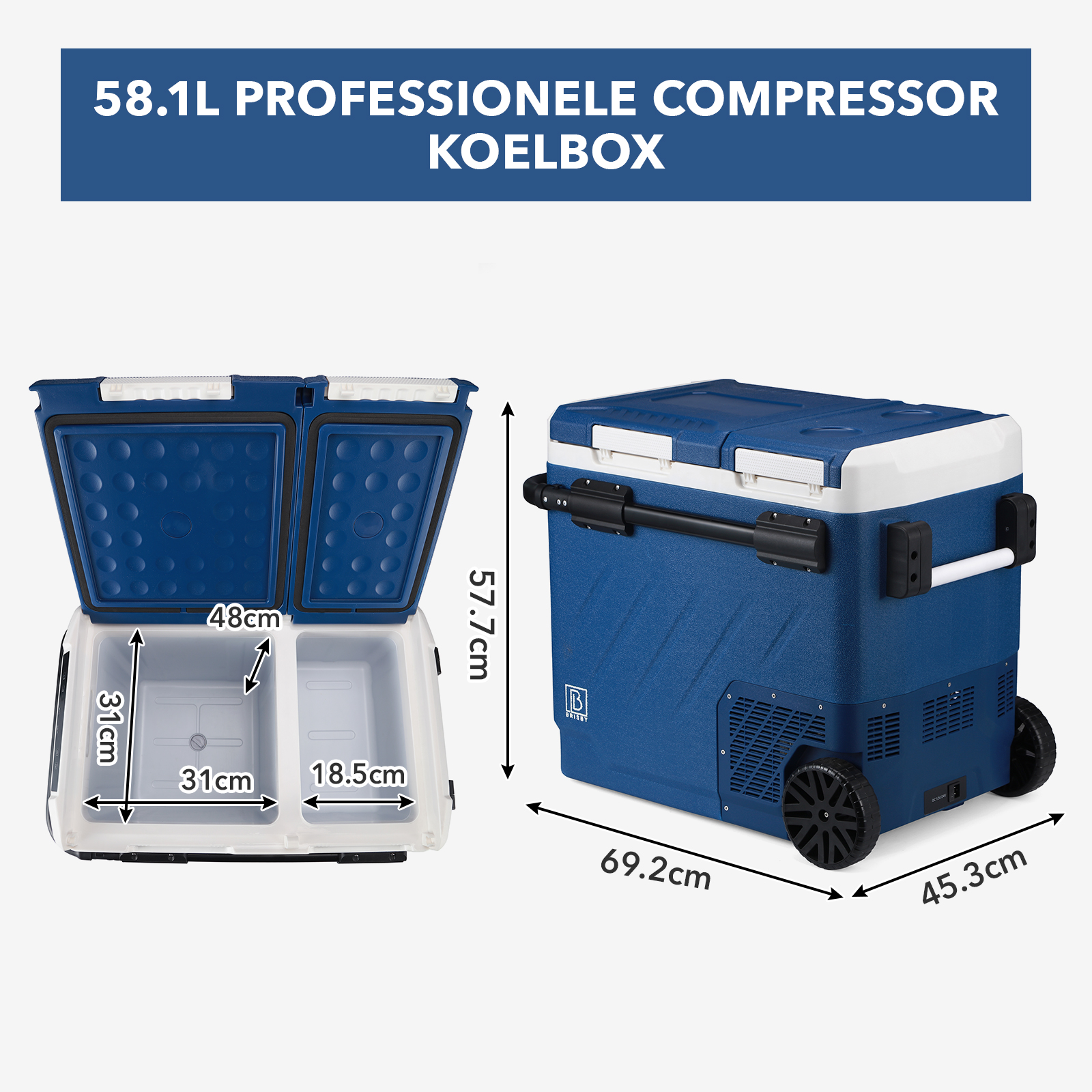Een blauwe en witte compressorkoeler, links open met binnenmaten. Afmetingen zijn inbegrepen.