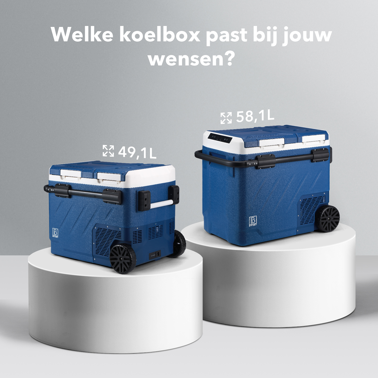Twee blauwe koelers, 49,1L en 58,1L, op witte sokkels. Tekst vraagt welke koeler bij jouw behoeften past.