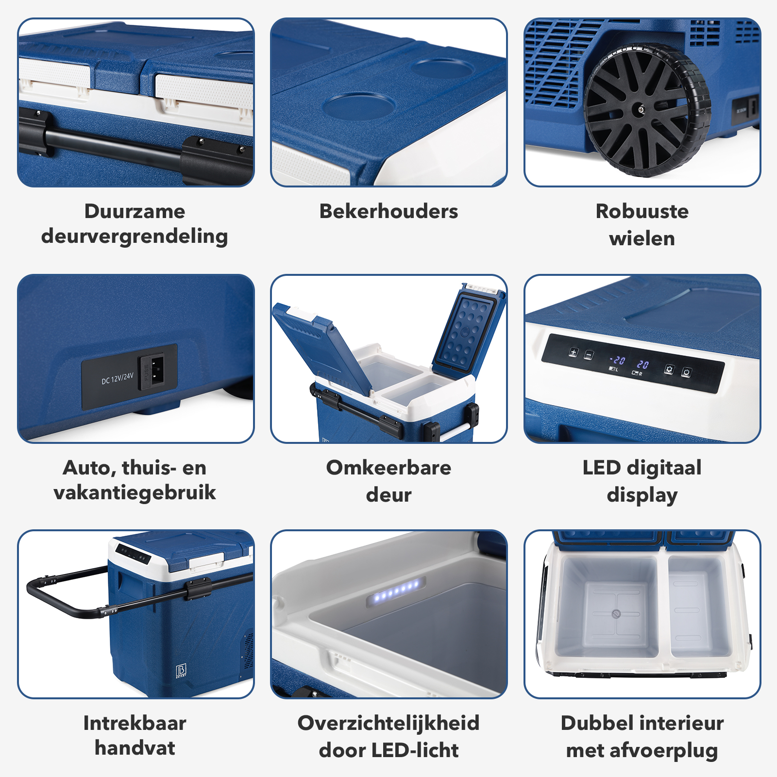 Een blauwe koeler met witte accenten. Voorzien van een digitaal display, wielen, handvat en dubbel interieur.
