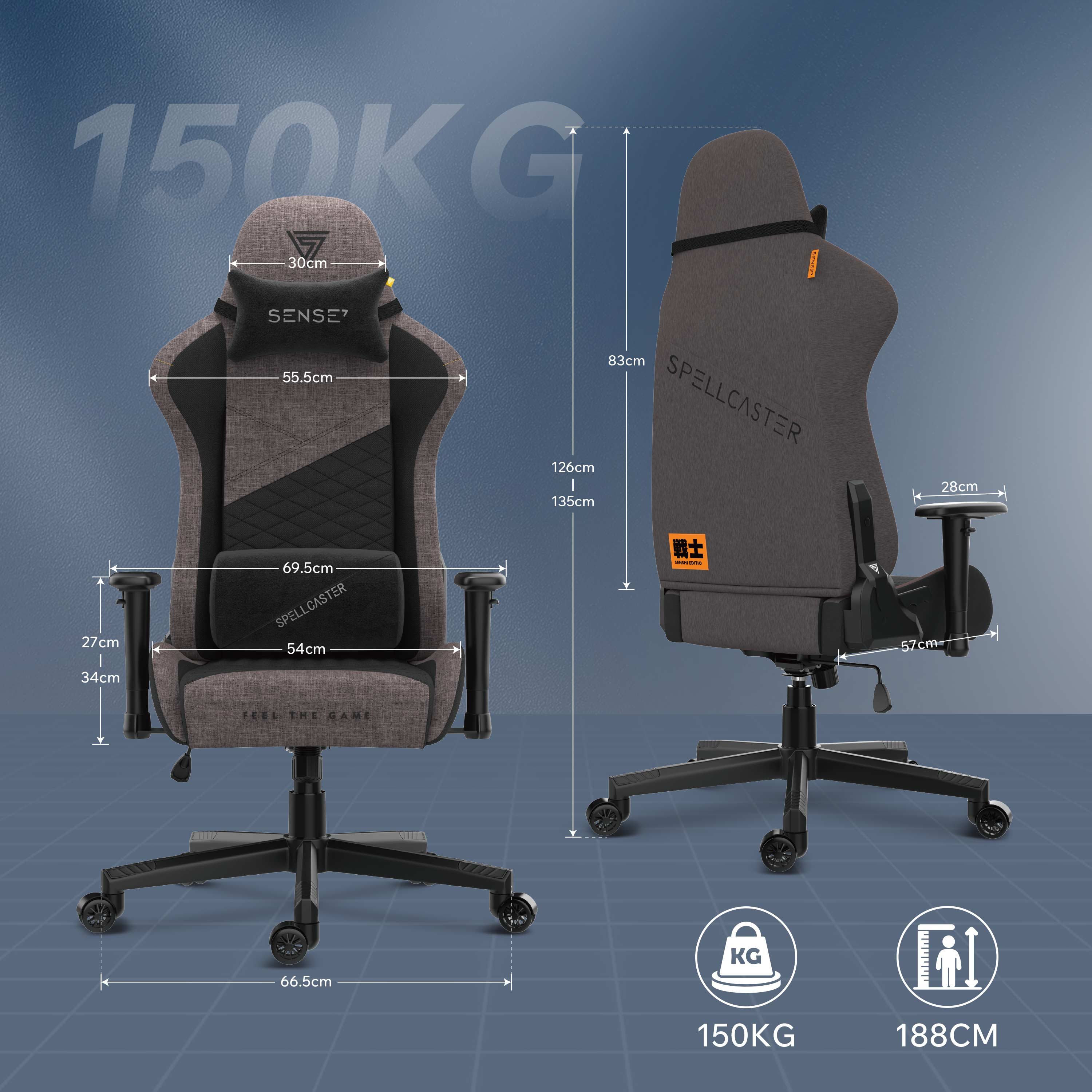 Gaming stoel met afmetingen. De stoel is grijs, met zwarte accenten en een zwarte basis.