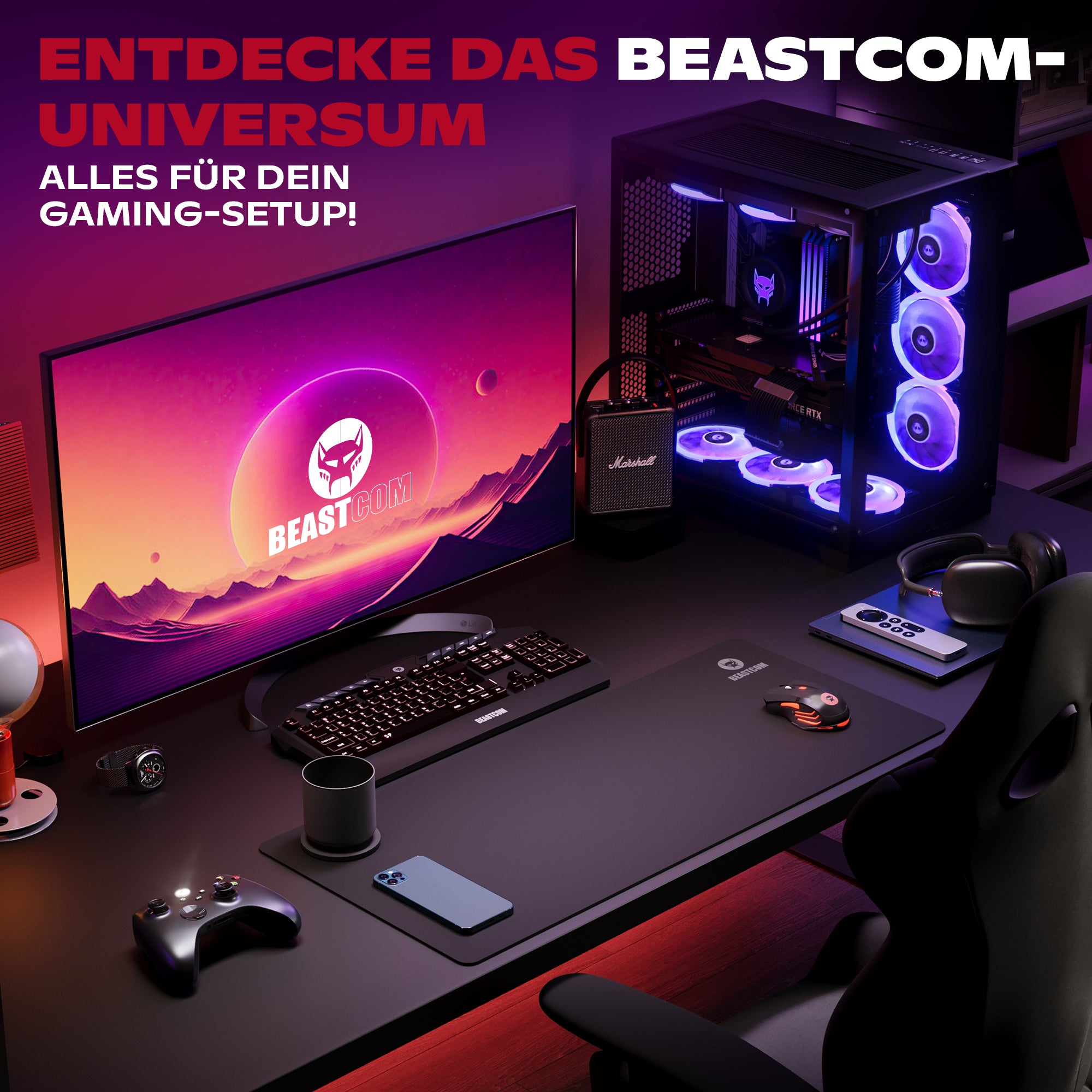 Konfiguracja do gier z komputerem, monitorem i akcesoriami. Motyw fioletowo-czarny. Zawiera klawiaturę, mysz, słuchawki i kontroler.