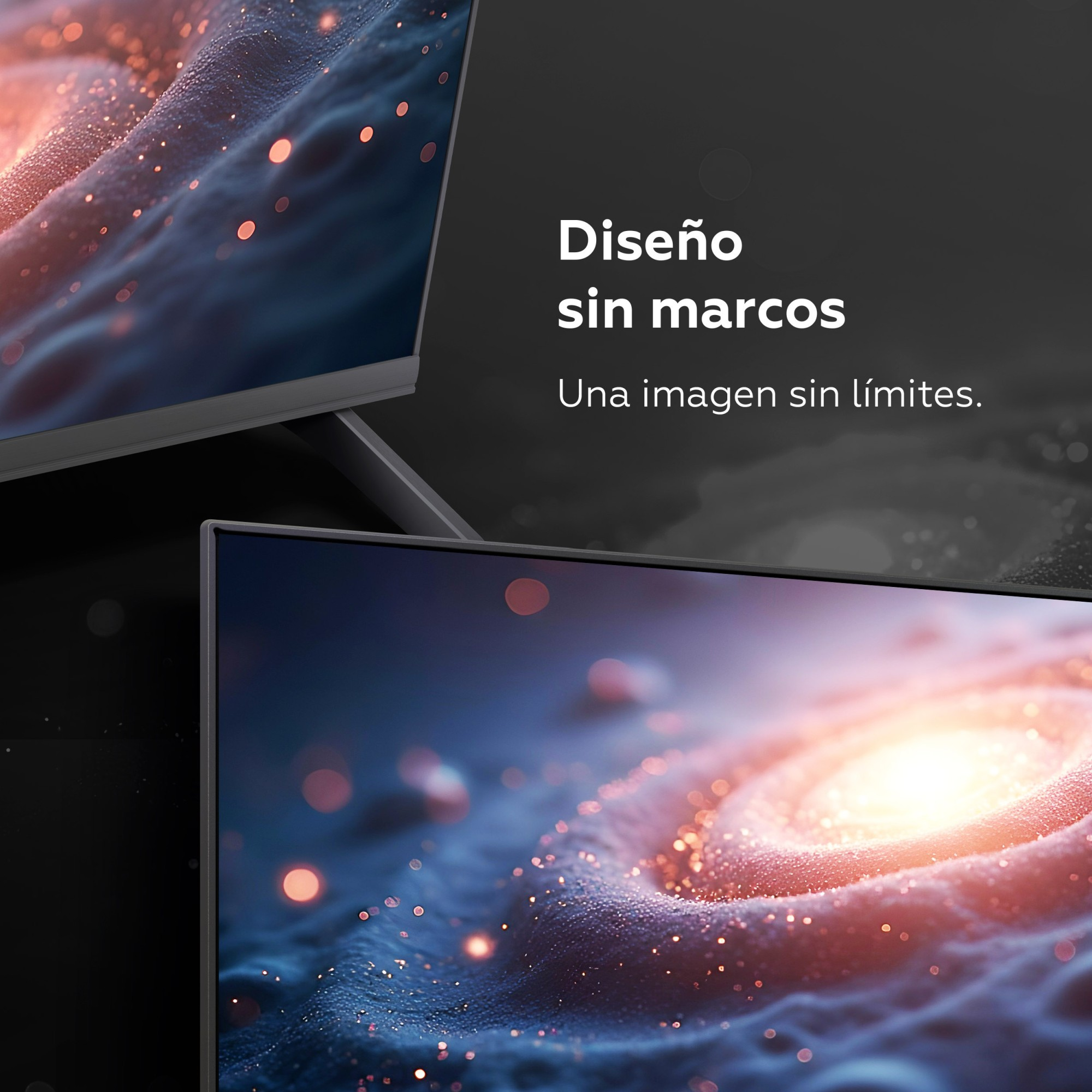 Dos monitores. El superior parcialmente visible. El inferior muestra una imagen galáctica. Texto en español: Diseño sin límites.