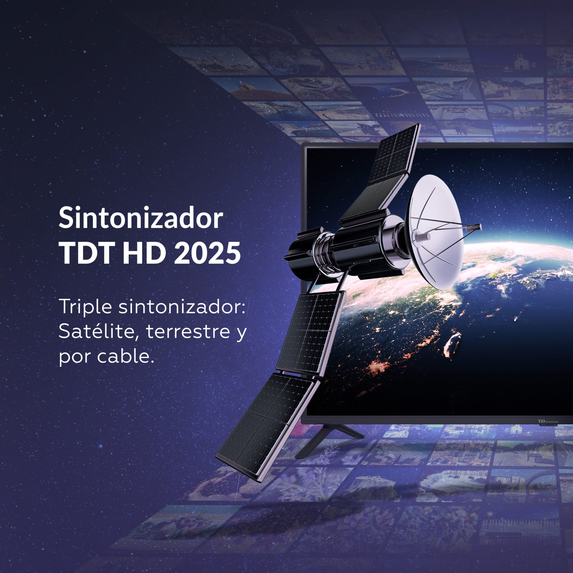 Un satélite frente a una pantalla de TV con la Tierra. Texto: 'Sintonizador TDT HD 2025'.