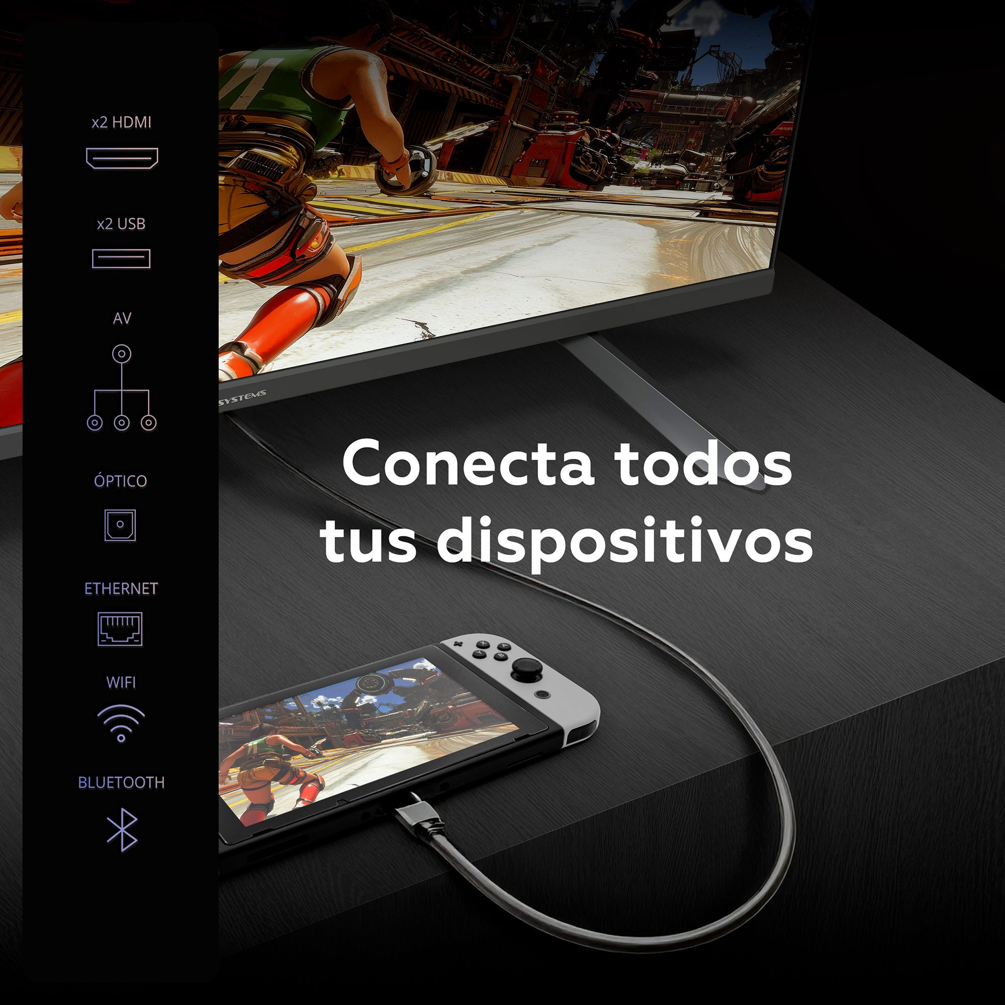 Un monitor muestra un videojuego. Una Nintendo Switch está conectada. El texto dice 'Conecta todos tus dispositivos'.