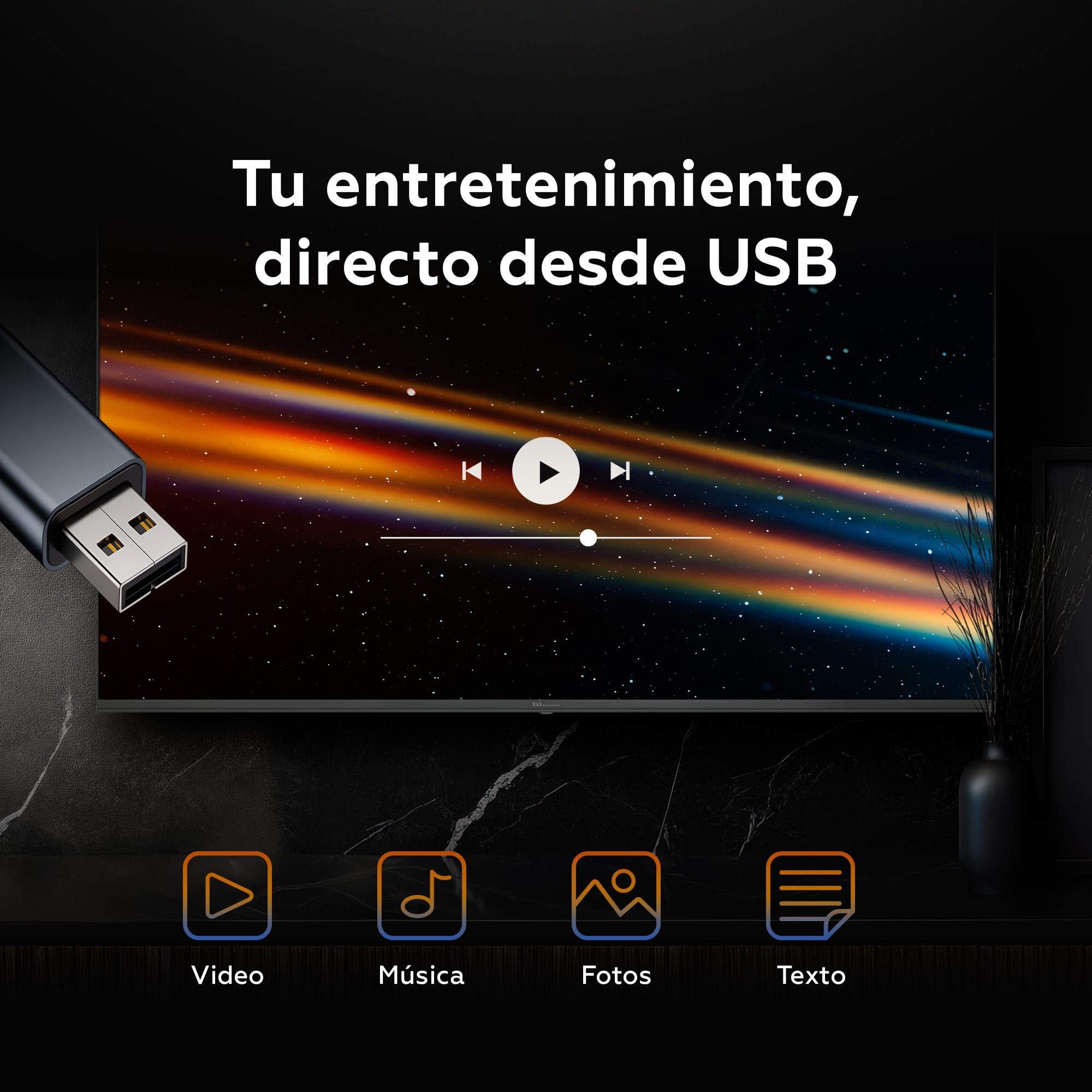 Pantalla de TV con pantalla colorida. Memoria USB en primer plano. Iconos para video, música, fotos y texto abajo.