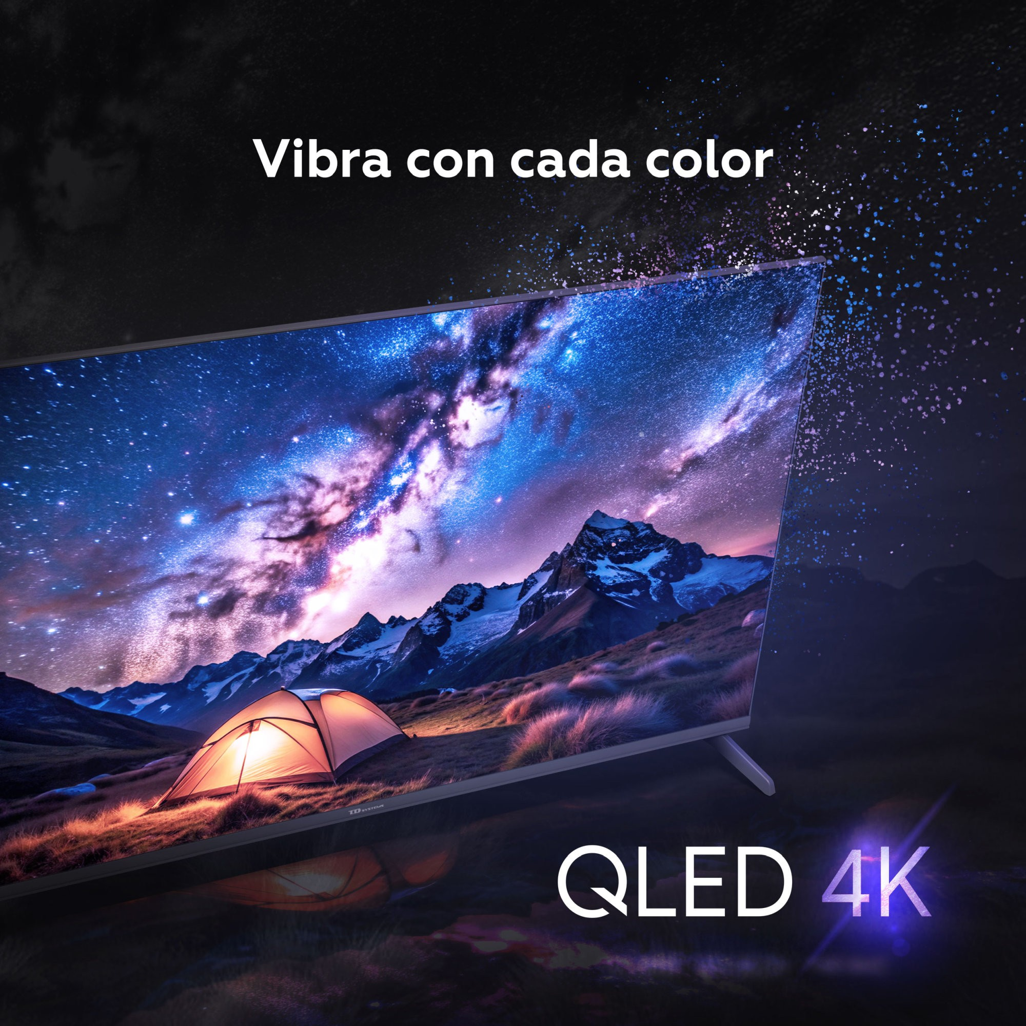 Pantalla de TV con escena de noche estrellada, montañas y una tienda iluminada. Texto: 'Vibra con cada color' y 'QLED 4K'.