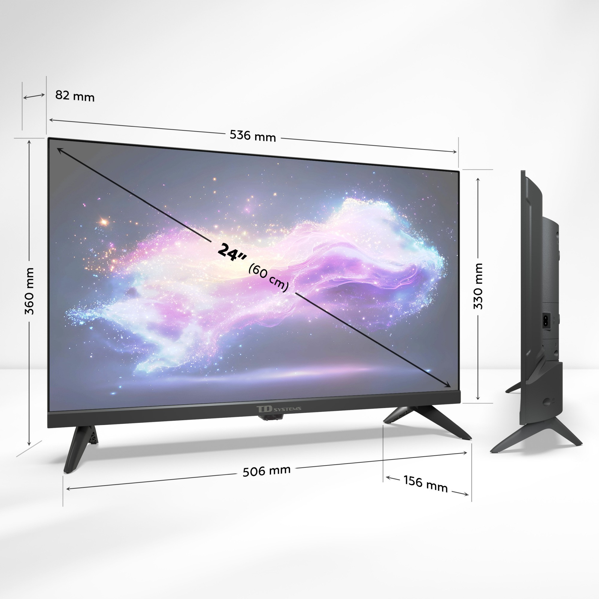 Un televisor de 24 pulgadas con una pantalla similar a una nebulosa. Las dimensiones se indican con flechas y medidas. El televisor es negro y está en posición vertical.