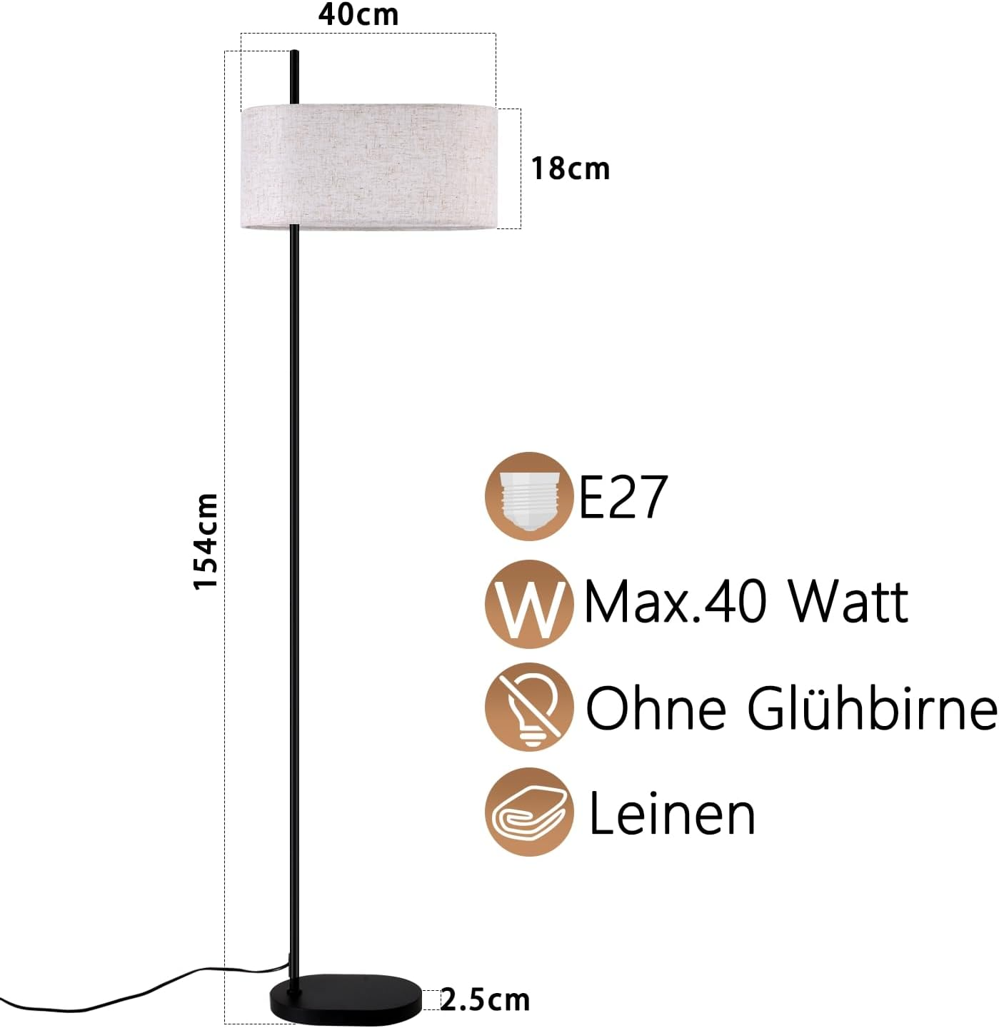 Lampa podłogowa z beżowym abażurem. Tekst wskazuje E27, maks. 40W, bez żarówki i materiał lniany. Wyświetlane są wymiary.