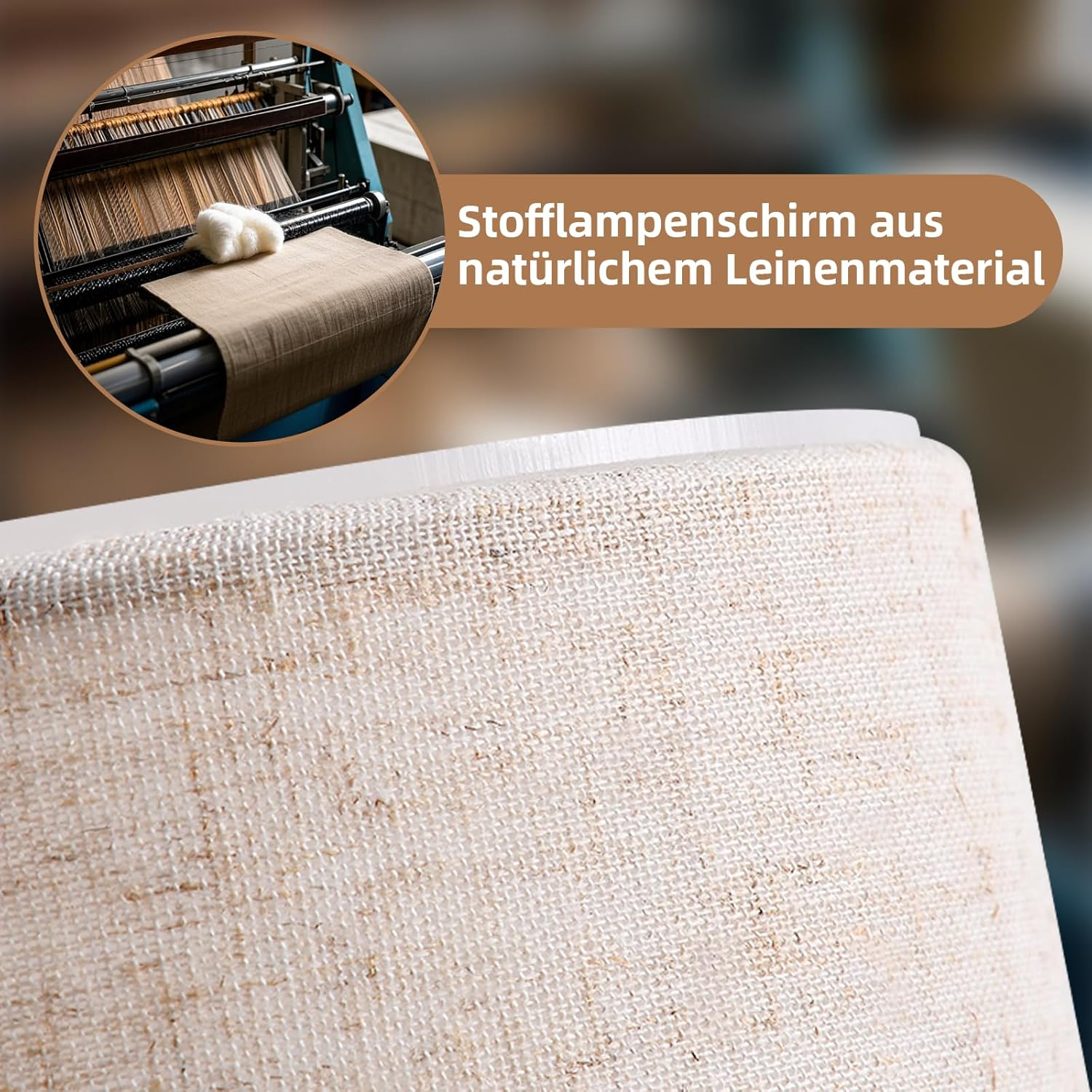 Zbliżenie klosza lampy wykonanego z naturalnego lnu. Okrągła wstawka pokazuje len tkany na maszynie.