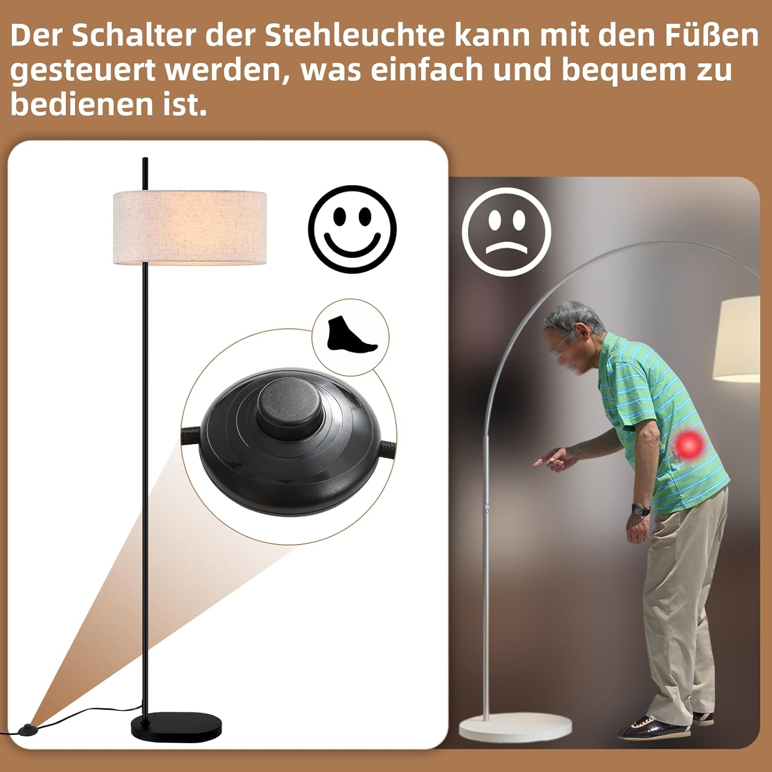 Lampa z włącznikiem nożnym. Mężczyzna z bólem pleców wskazuje na lampę. Włącznik jest łatwy w obsłudze stopą.