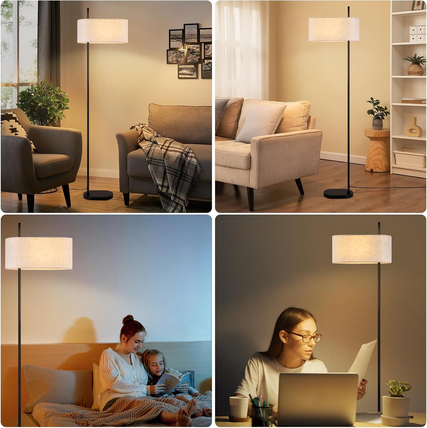 Lampa podłogowa z beżowym kloszem stoi przed różnymi ustawieniami: salonem, sypialnią i biurkiem.
