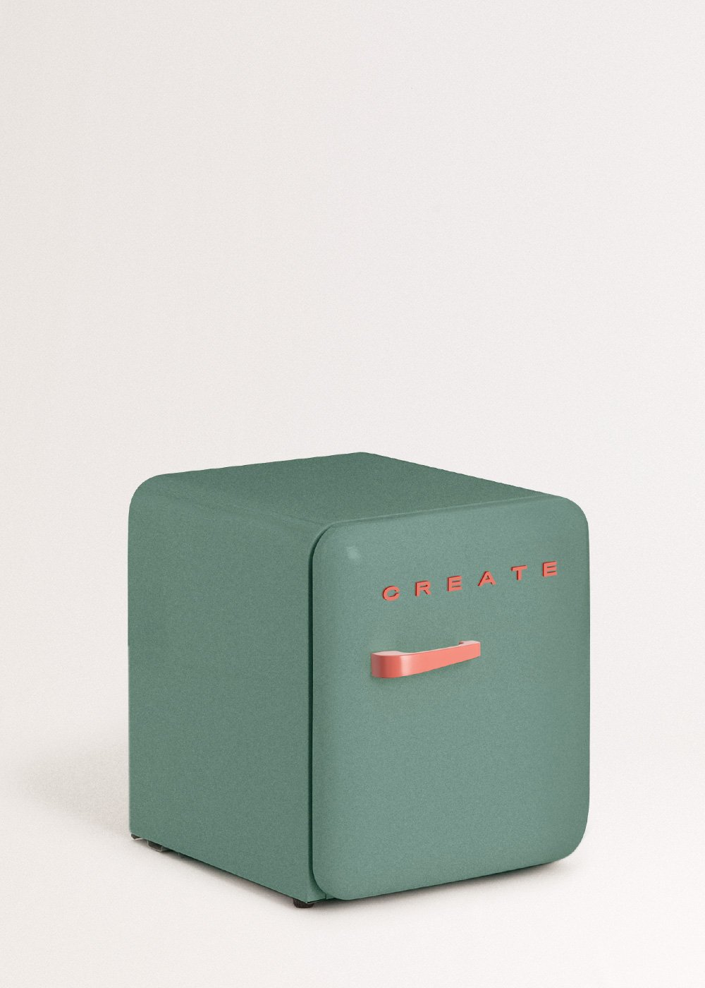 Una mini nevera verde con la palabra CREATE en letras rojas. Tiene un asa roja y se encuentra sobre un fondo blanco.