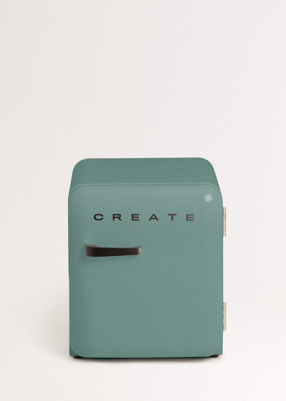 Un mini-refrigerador verde azulado con 'CREATE', asa negra y fondo blanco.