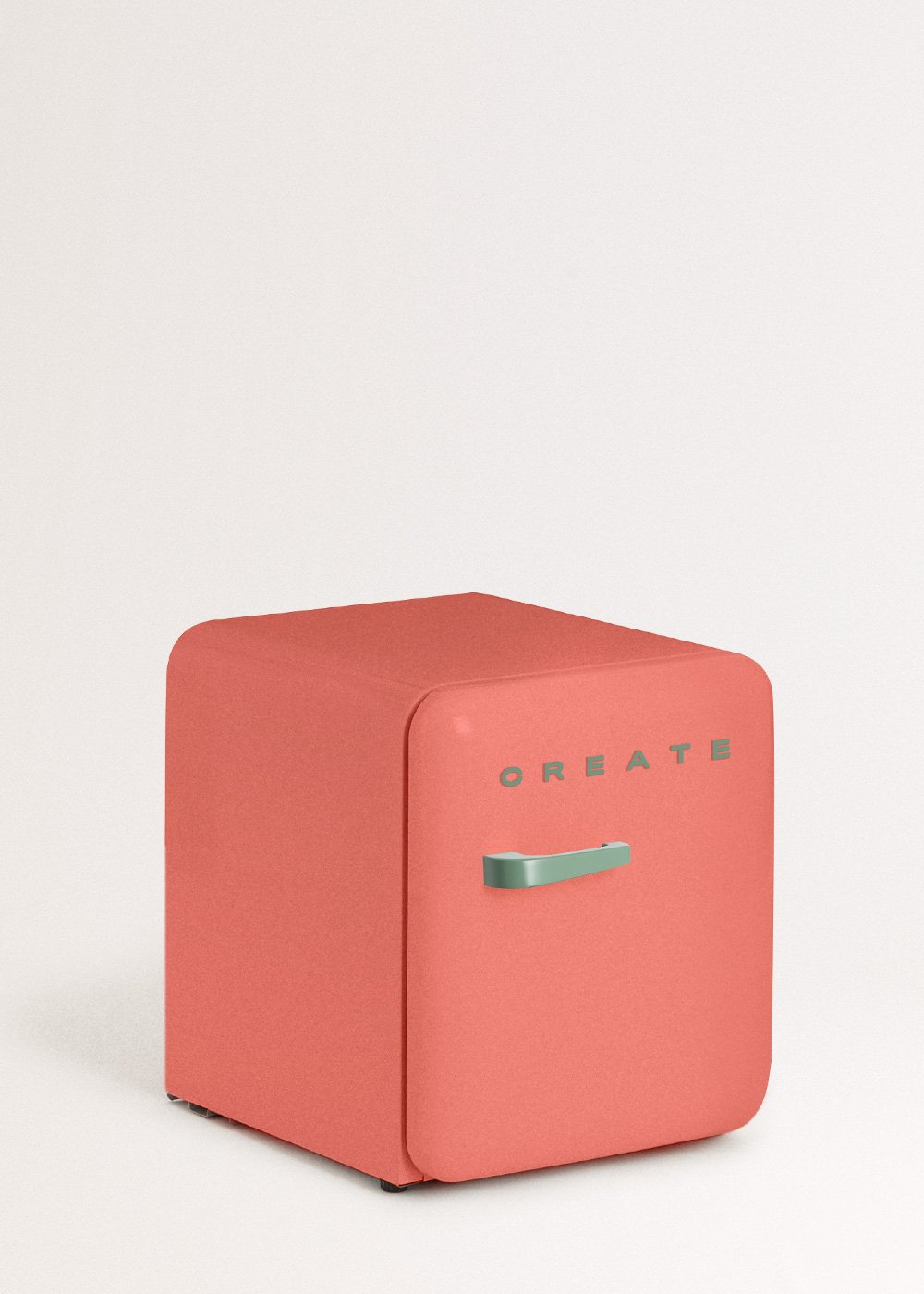 Un mini-refrigerador de color coral con la palabra 'CREATE' en la puerta. Tiene un asa verde. Sobre un fondo blanco.
