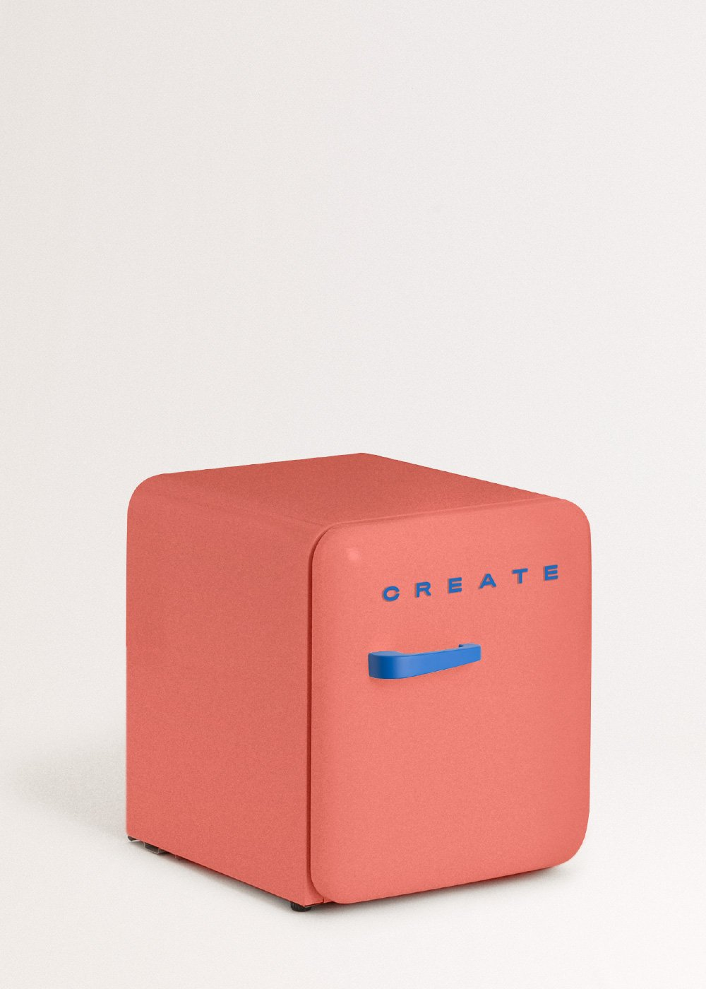 Un mininevera de color coral con la palabra 'CREATE' en letras azules. El asa es azul y el fondo es blanco.