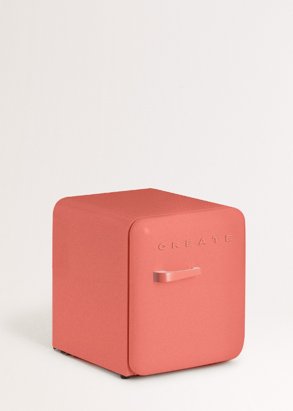 Un mini-refrigerador de color coral con la palabra CREATE en el frente. Tiene un asa y está sobre un fondo blanco.