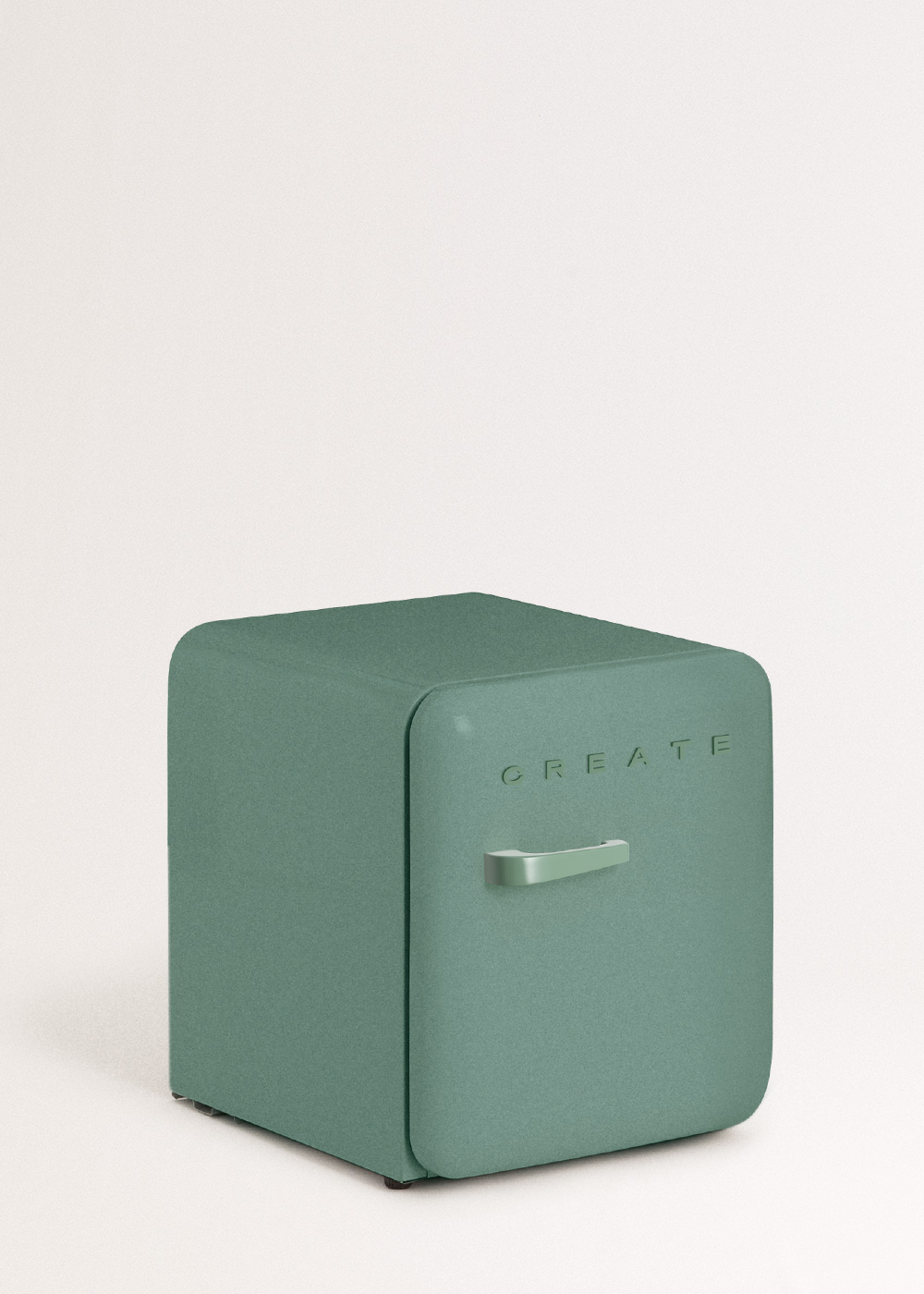 Un pequeño minibar de color verde azulado con la palabra 'CREATE', un asa y un fondo blanco.