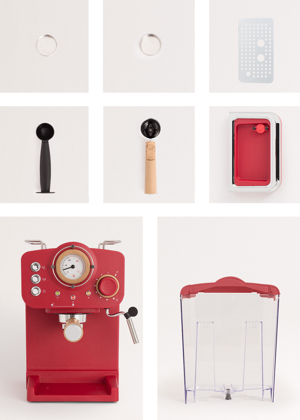 Piezas rojas de cafetera: filtros, cuchara, portafiltro y la máquina. Depósito de agua y carcasa roja sobre fondo blanco.