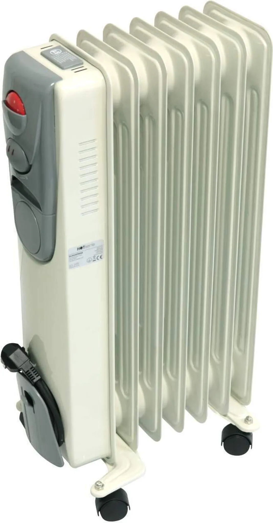 Ein Ölradiator mit grauem und weißem Design. Er hat Räder, ein Bedienfeld und ein Netzkabel.