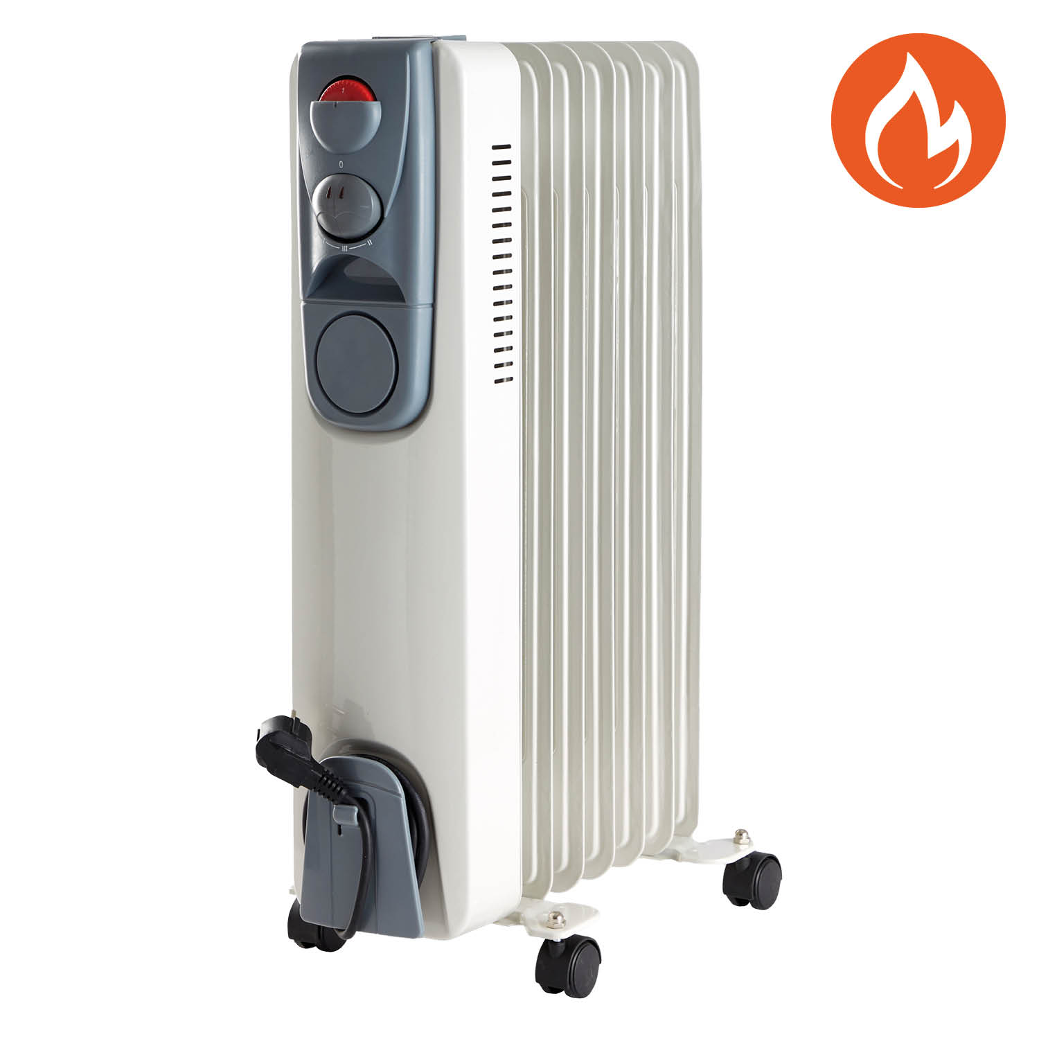 Ein elektrischer Ölradiator mit Bedienfeld, Rädern und Netzkabel. Im Hintergrund ein Flammensymbol.