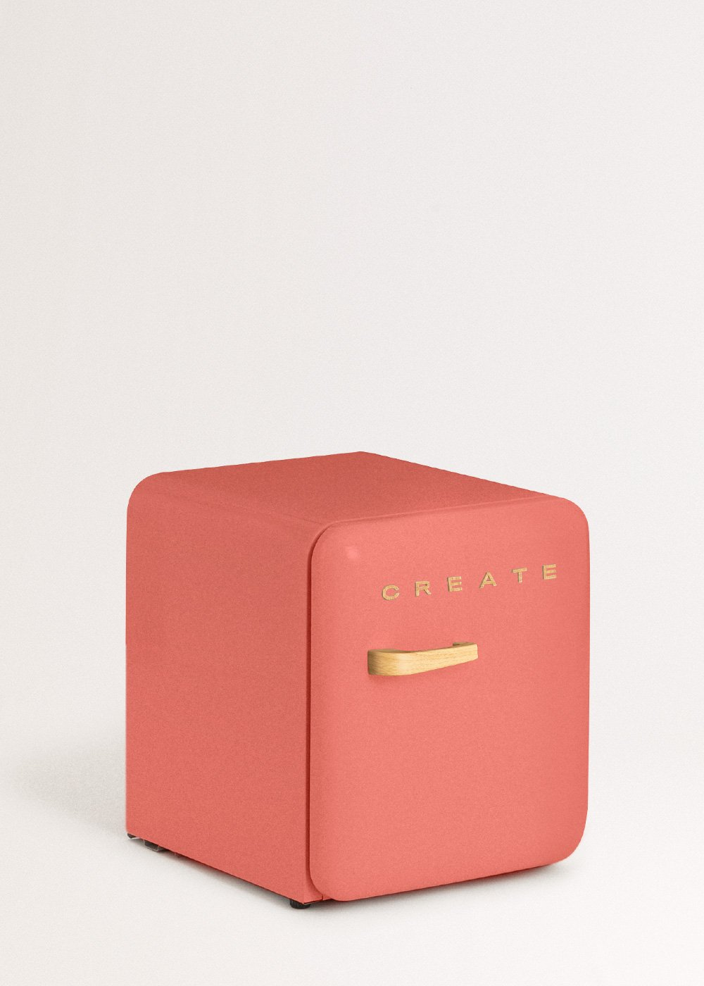 Un mini-refrigerador de color coral con la palabra 'CREATE', un asa de madera y fondo blanco.