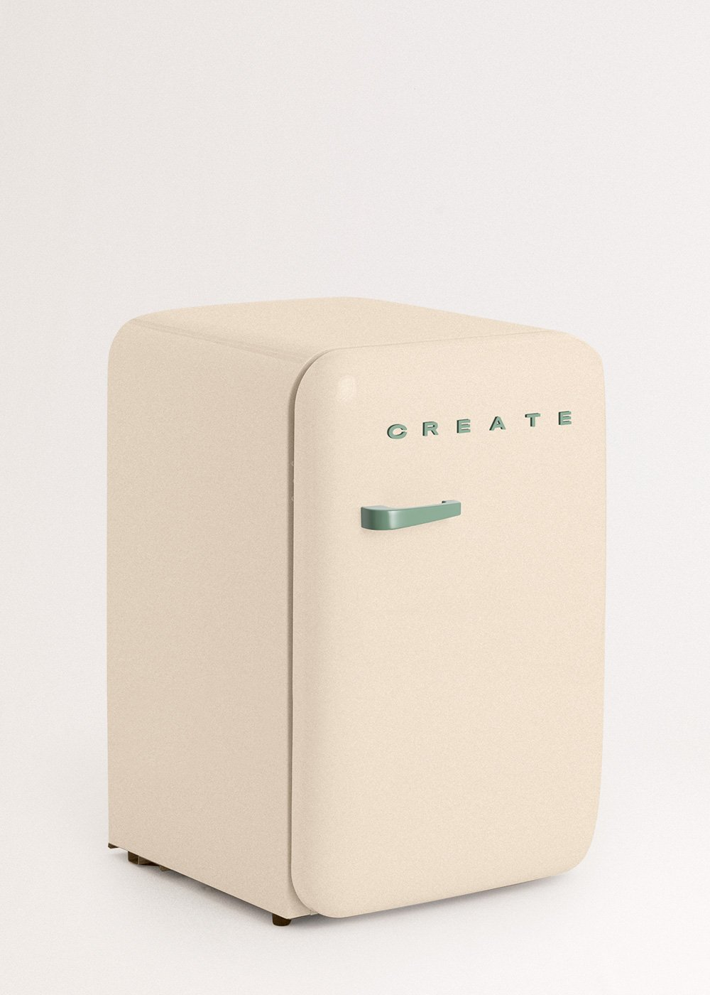 Un mini-refrigerador color crema con un asa verde y la palabra CREATE en letras verdes sobre un fondo blanco.