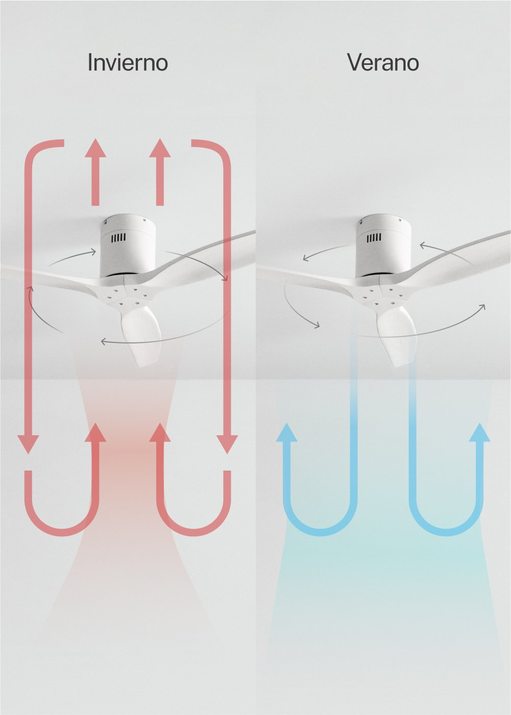 Diagrama muestra el flujo de aire del ventilador de techo. Flechas rojas indican invierno, empujando el aire hacia abajo. Azul verano, aire hacia arriba. Textos: Invierno, Verano.