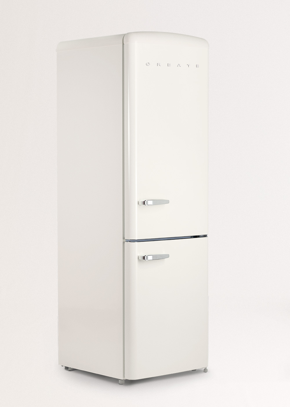 Un refrigerador crema con dos puertas y manijas plateadas. La palabra 'CREATE' está en la parte superior.