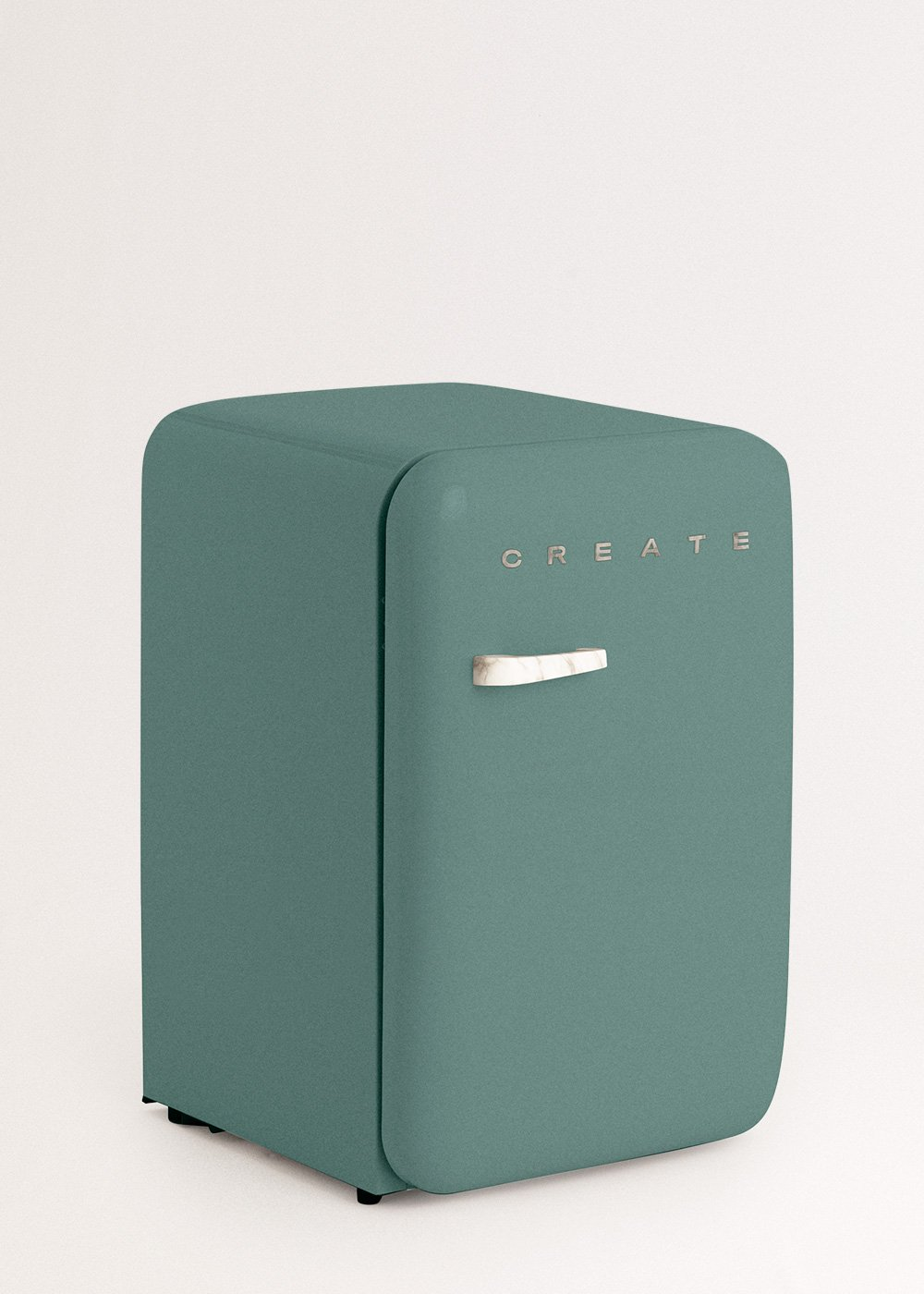 Un mini-refrigerador turquesa con esquinas redondeadas, un asa blanca y la palabra 'CREATE' en la puerta, sobre un fondo blanco.