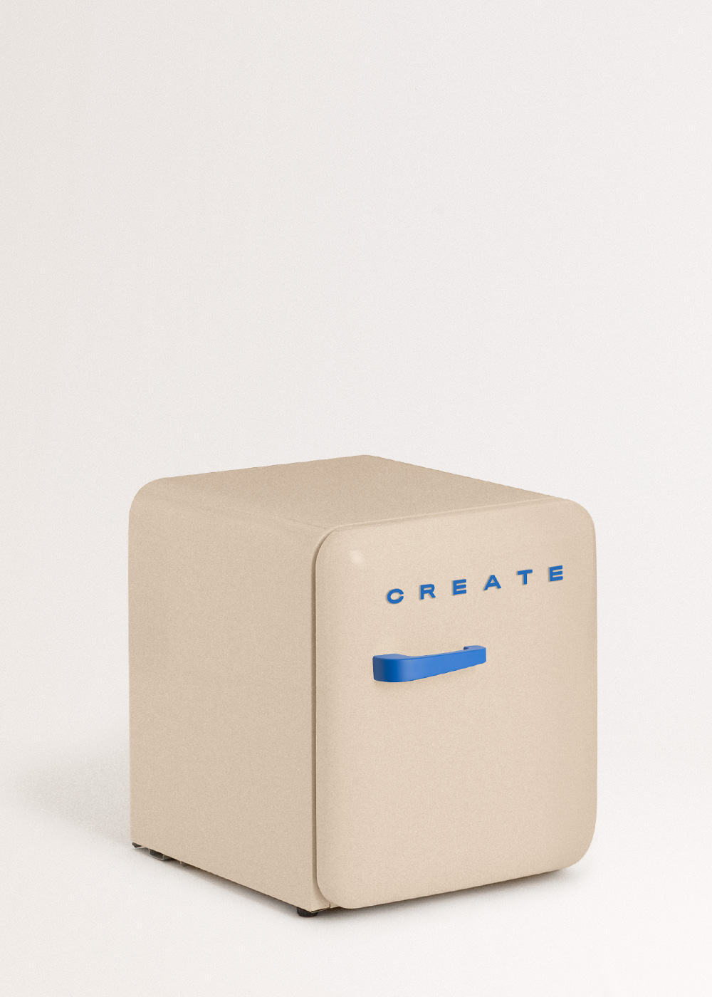 Un mini-frigorífico beige con un asa azul y la palabra 'CREATE' en letras azules sobre un fondo blanco.