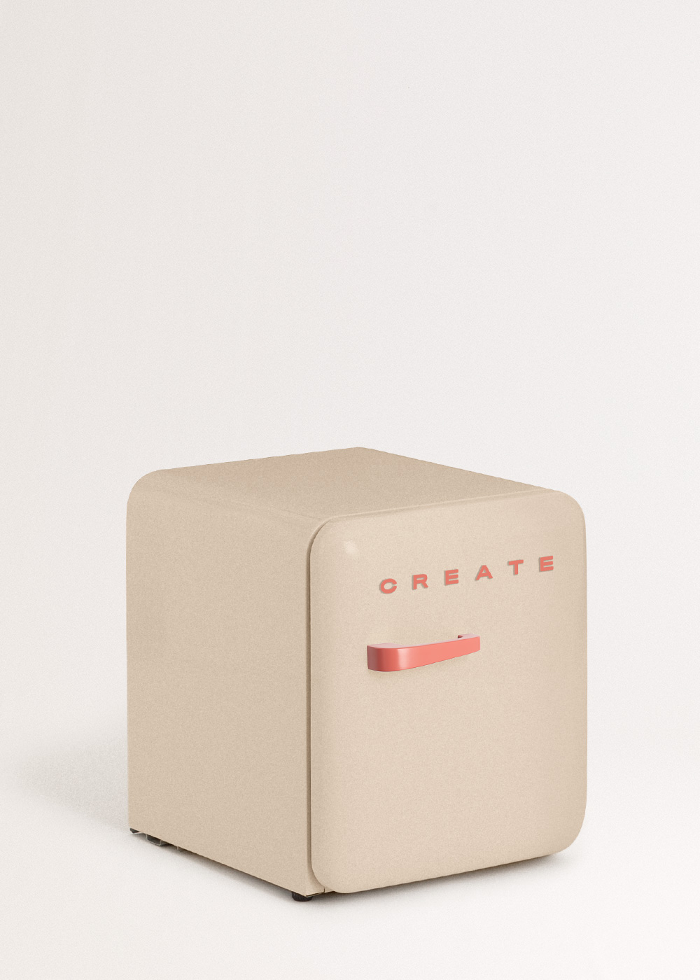 Un mini-frigorífico beige con bordes redondeados, un asa coral y la palabra CREATE en letras coral.