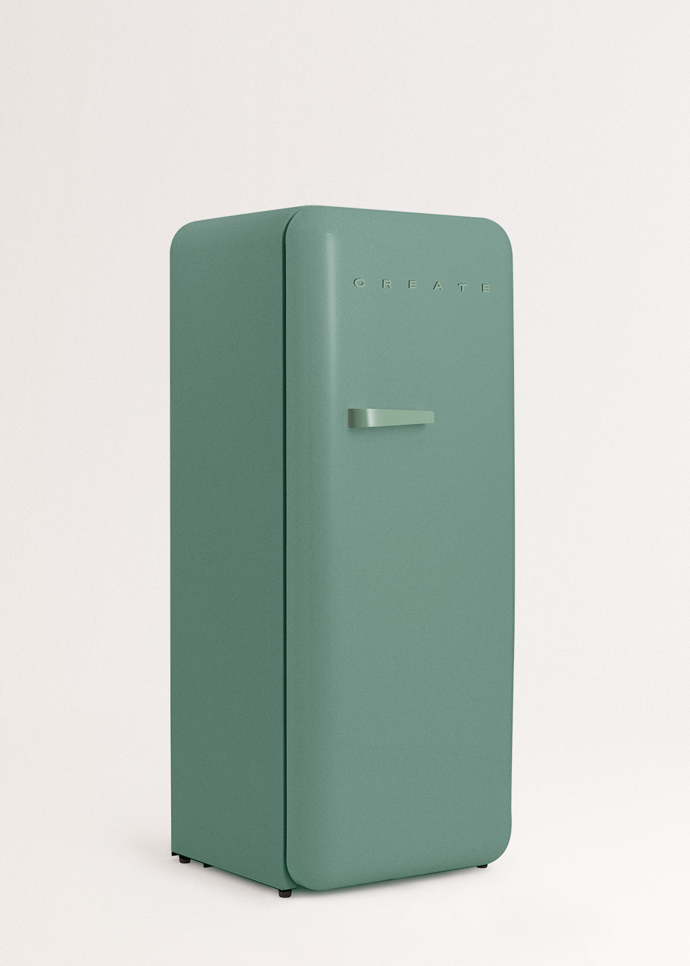 Un refrigerador retro verde salvia se alza sobre un fondo blanco liso. La palabra 'CREATE' está en la puerta.
