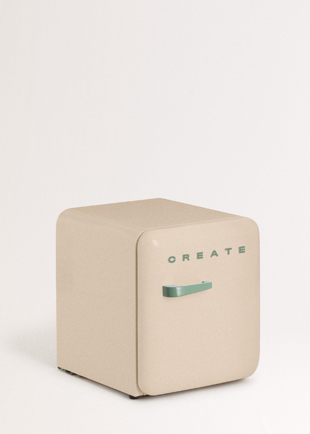 Un mini-refrigerador beige con un asa verde y la palabra 'CREATE' en la puerta, sobre fondo blanco.