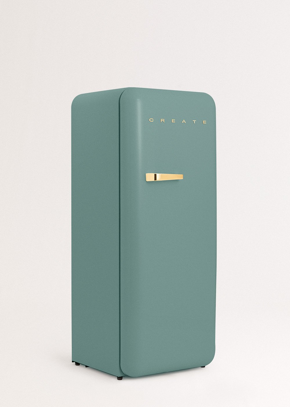 Un refrigerador turquesa con asa dorada y letras CREATE. Está sobre un fondo blanco.