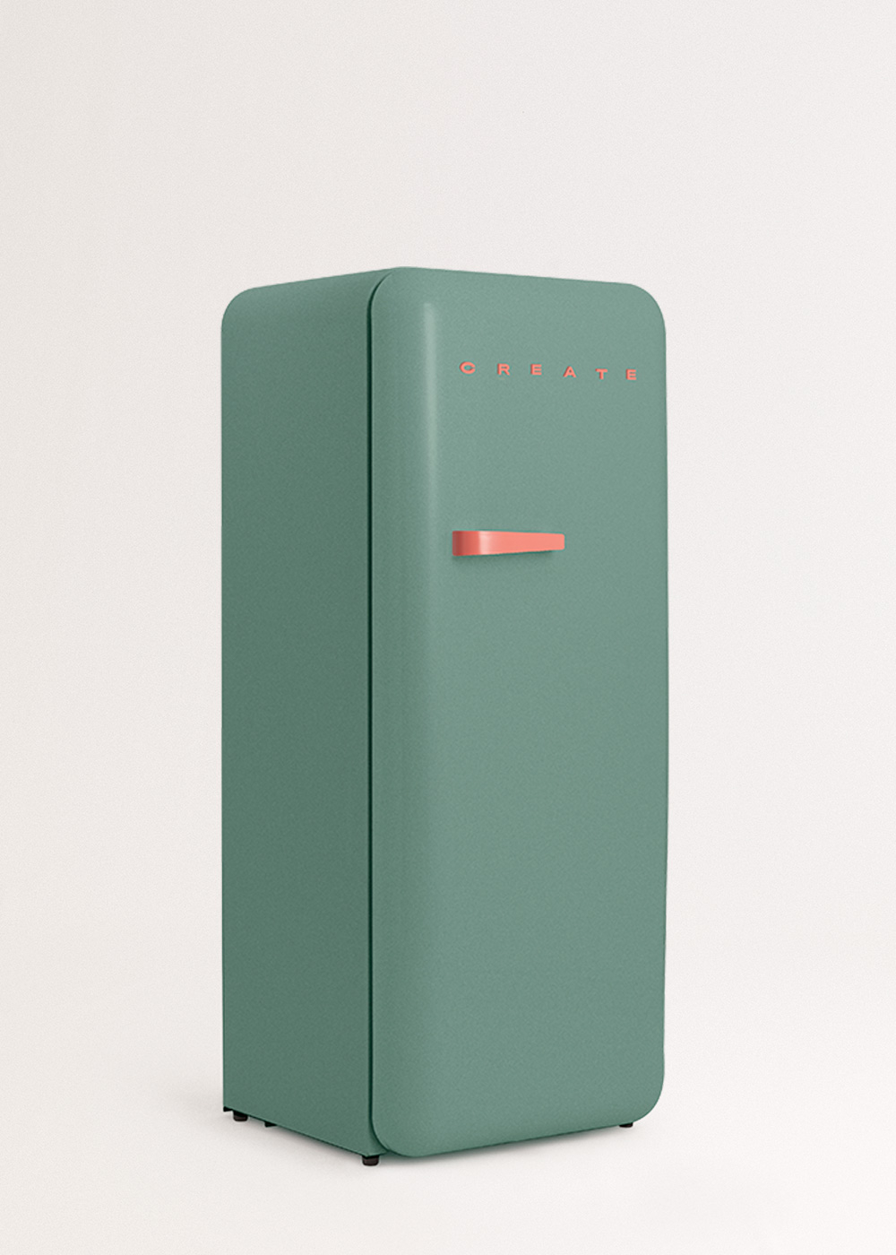 Un refrigerador retro verde salvia con un asa de color salmón y la palabra CREATE en salmón. Está contra un fondo blanco.