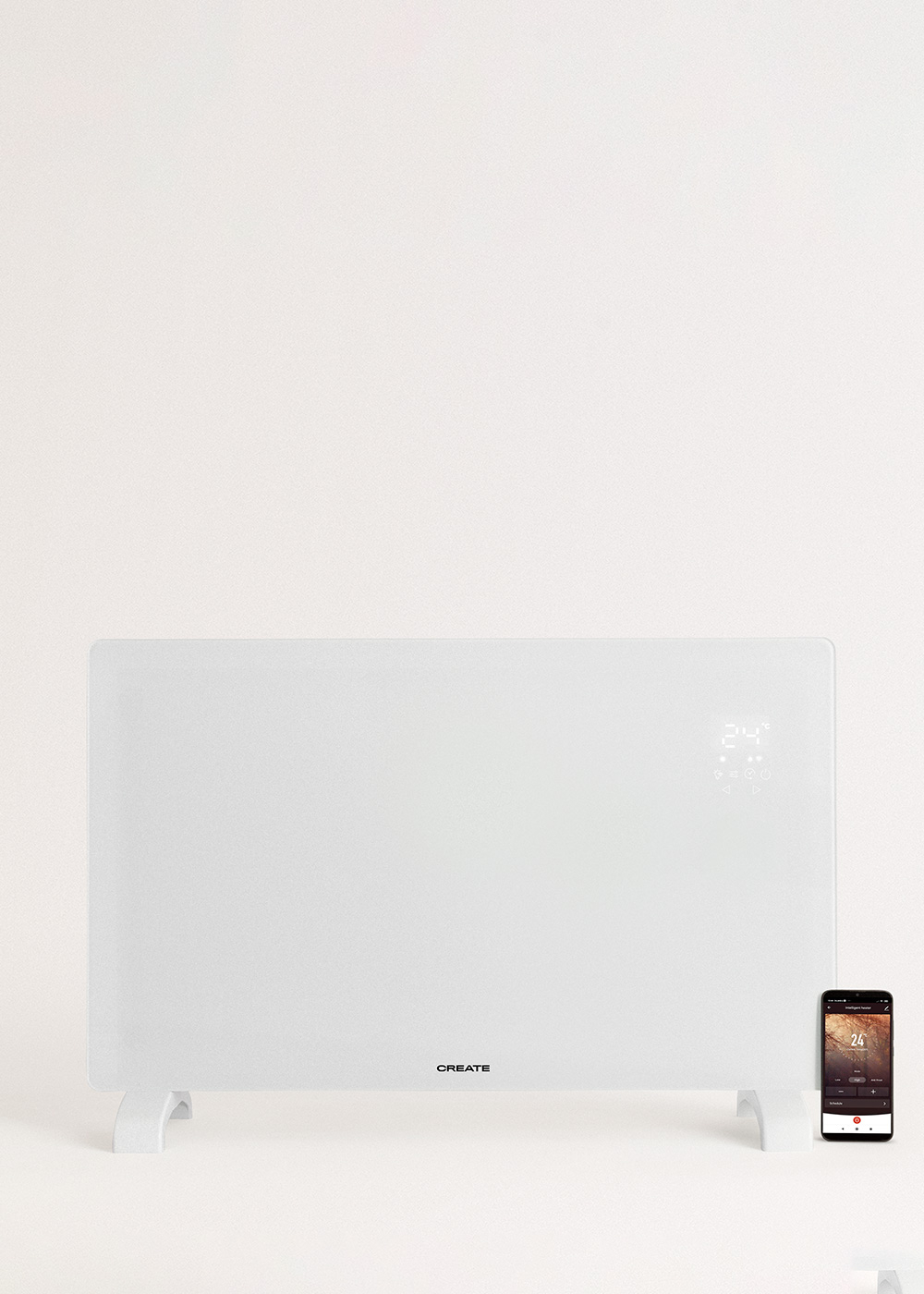 Calentador eléctrico blanco con pantalla digital, un smartphone y la palabra CREATE. La pantalla muestra la temperatura.