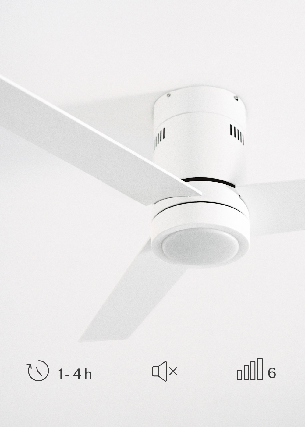 Ventilador de techo blanco con tres aspas. Se muestran iconos de temporizador, sonido y ajustes de velocidad.