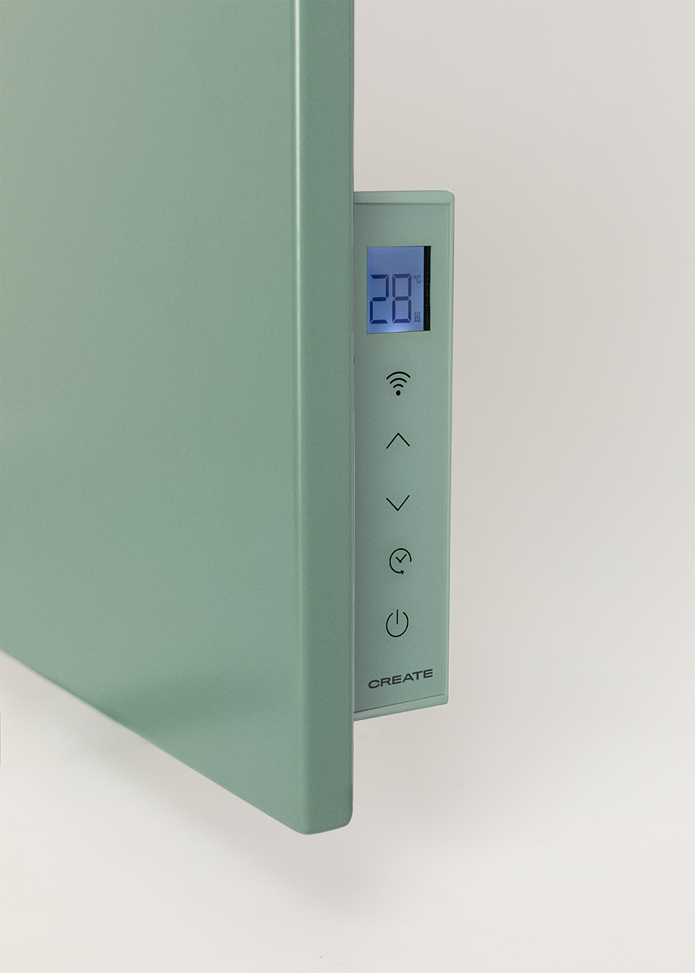 Un calentador verde menta con pantalla digital que muestra 28 grados. Panel de control con símbolos y la marca 'CREATE'.