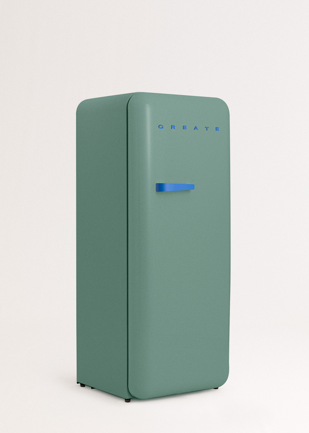 Un refrigerador verde salvia con un asa azul. La palabra CREATE está en letras azules en la parte superior. Fondo blanco.