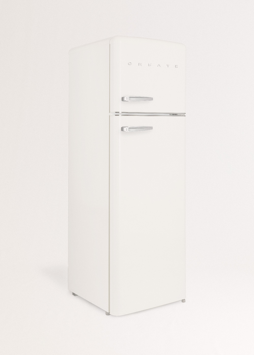 Un refrigerador retro blanco sobre un fondo blanco. Tiene manijas plateadas y la palabra CREATE arriba.