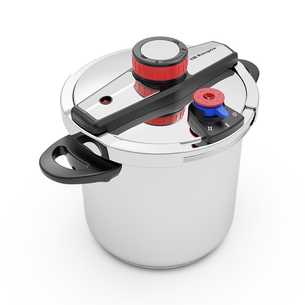 Una olla a presión de acero inoxidable con asas negras y controles rojos y azules. La tapa tiene un indicador de presión.
