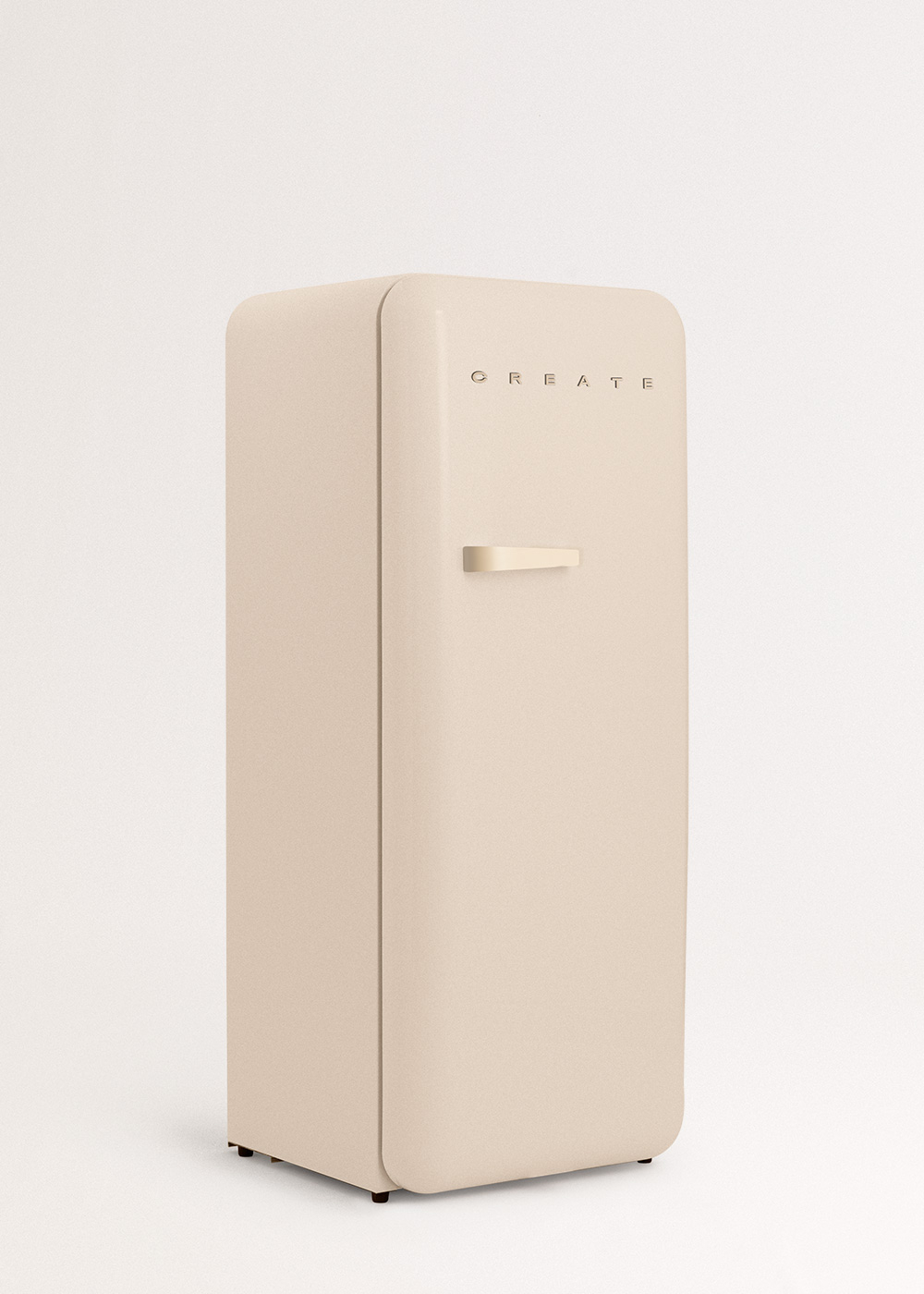 Refrigerador color crema con 'CREATE' arriba. Hay una manija. El fondo es blanco.
