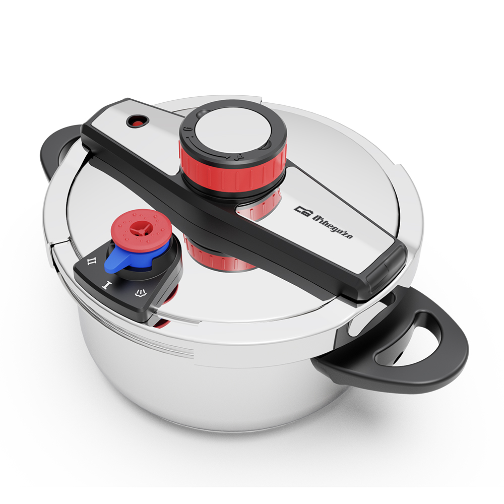 Una olla a presión de acero inoxidable con asas negras y mandos de control rojos y azules. La tapa tiene un asa negra.