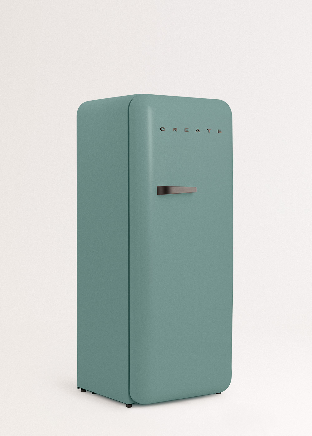 Un refrigerador color verde azulado con una manija. La palabra 'CREATE' está encima de la manija. Se encuentra contra un fondo blanco.